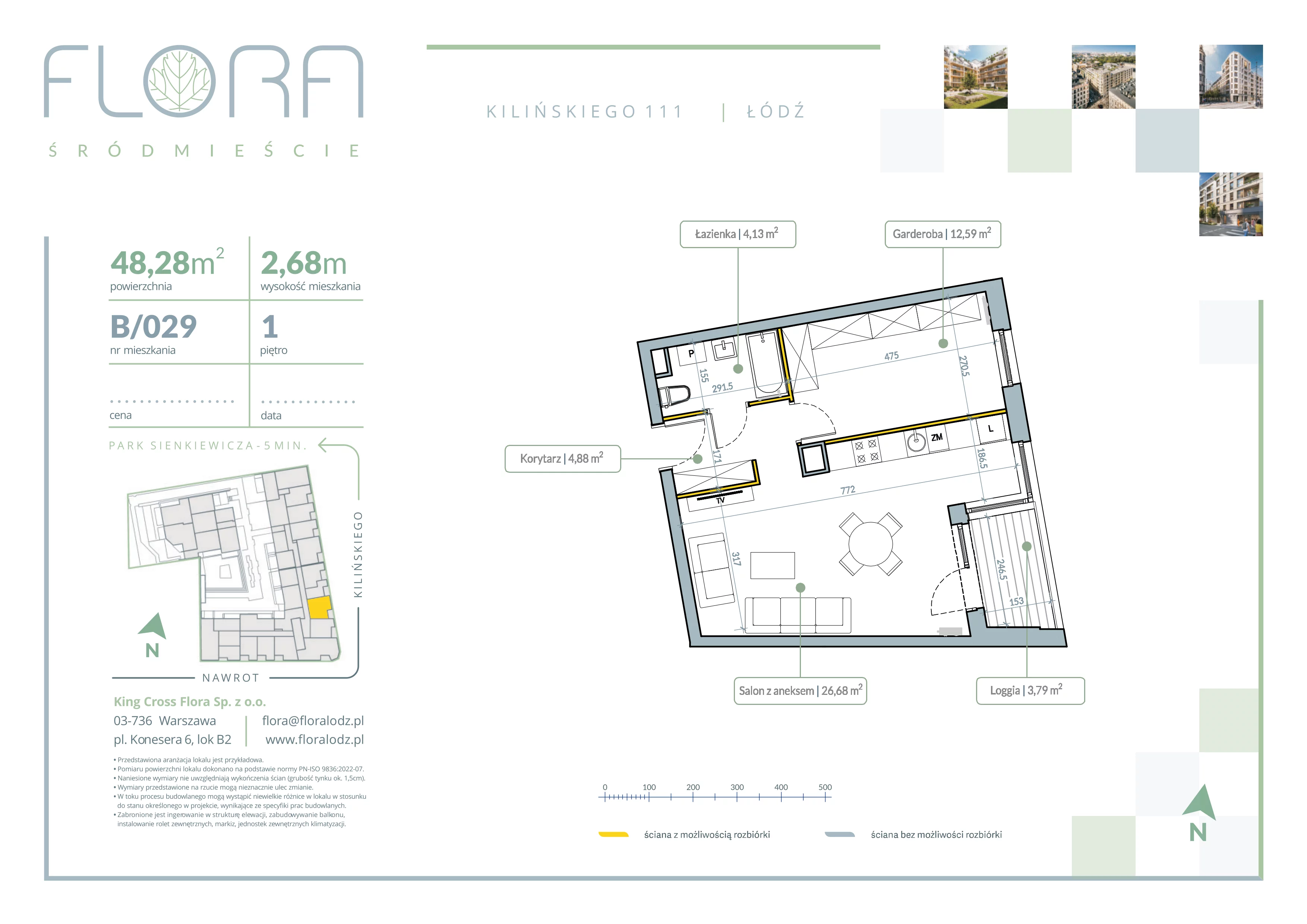 2 pokoje, mieszkanie 48,28 m², piętro 1, oferta nr 29, Flora Śródmieście, Łódź, Śródmieście, ul. płk. Jana Kilińskiego 111