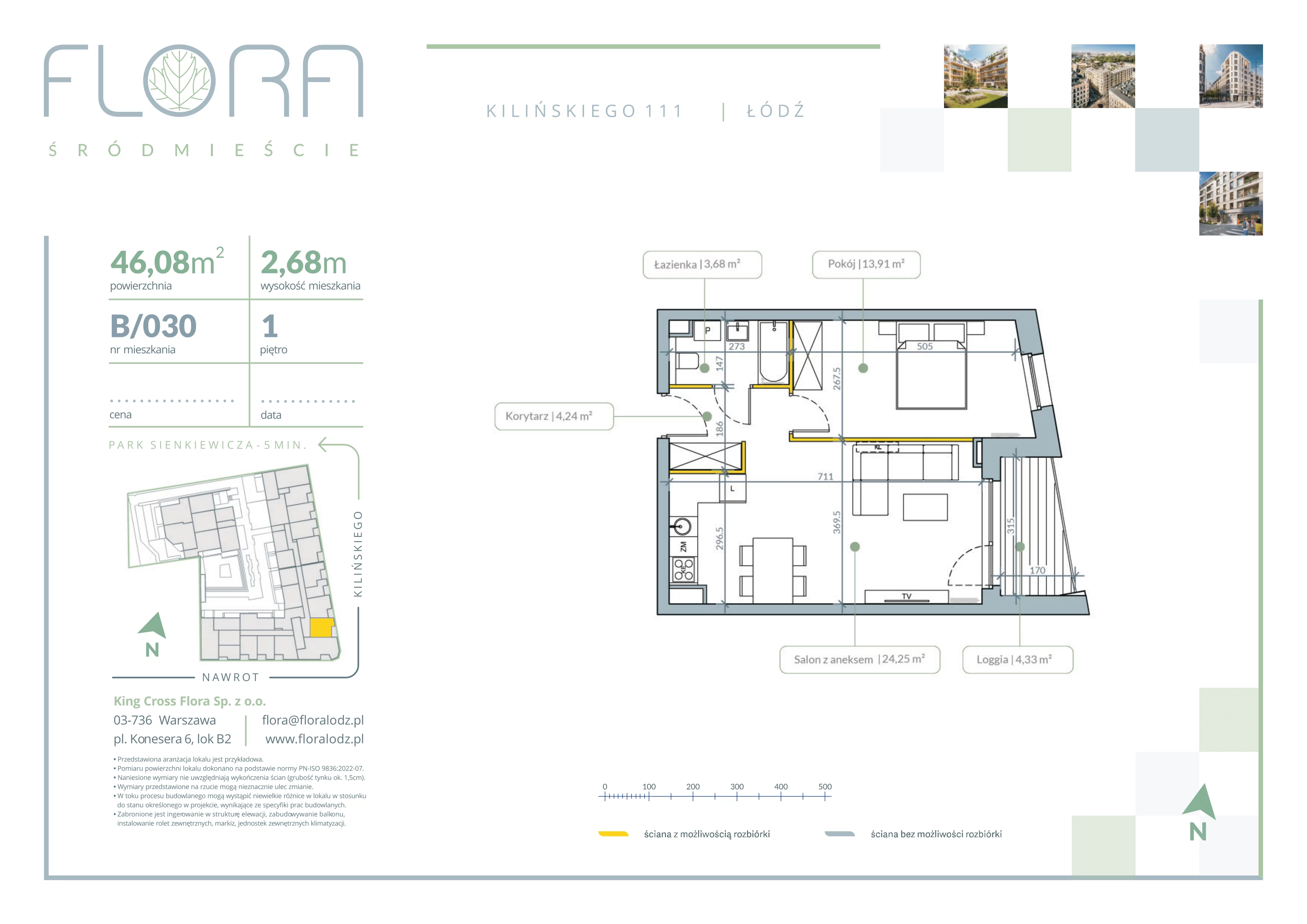 2 pokoje, mieszkanie 46,08 m², piętro 1, oferta nr 30, Flora Śródmieście, Łódź, Śródmieście, ul. płk. Jana Kilińskiego 111