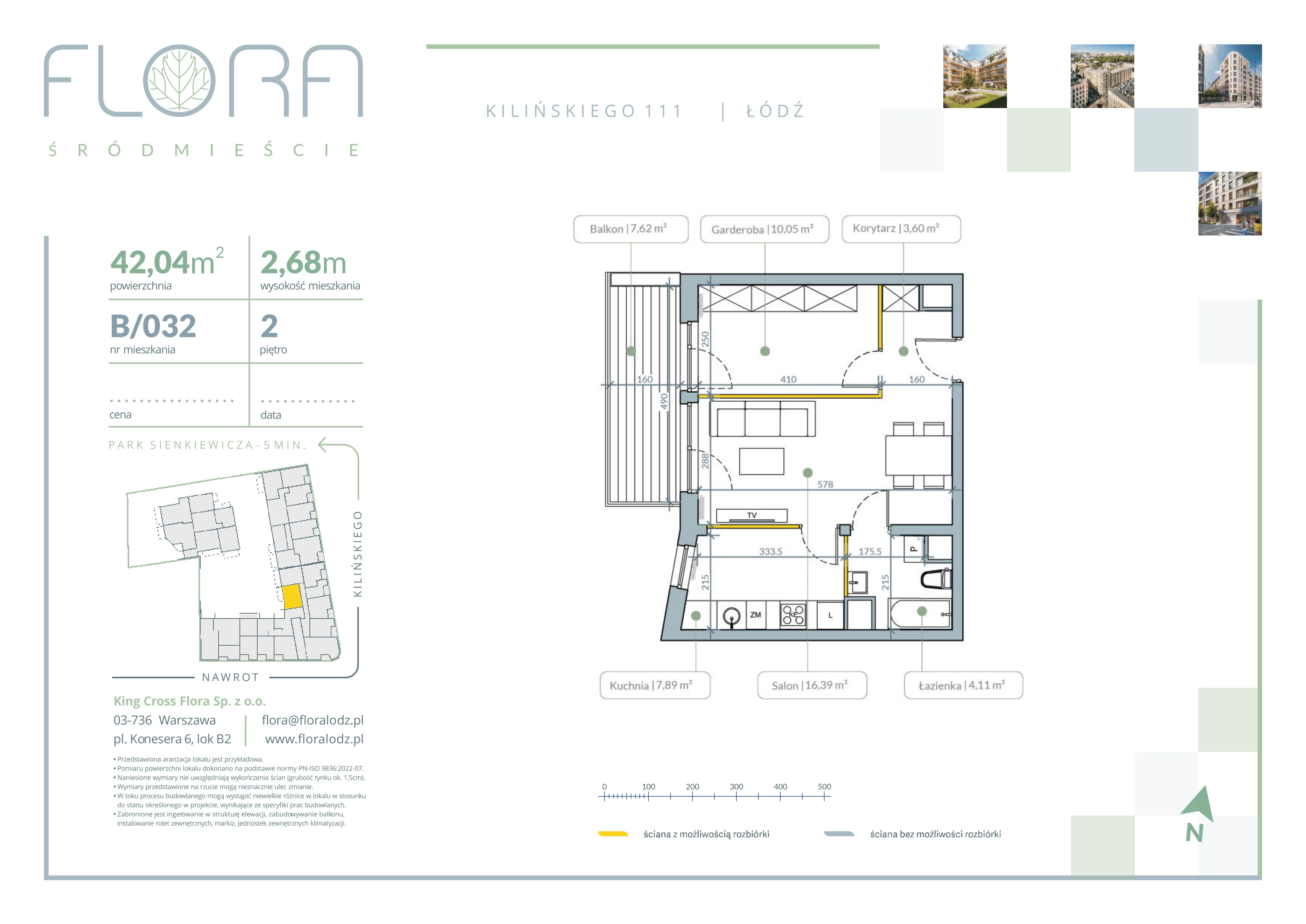 2 pokoje, mieszkanie 42,04 m², piętro 2, oferta nr 32, Flora Śródmieście, Łódź, Śródmieście, ul. płk. Jana Kilińskiego 111