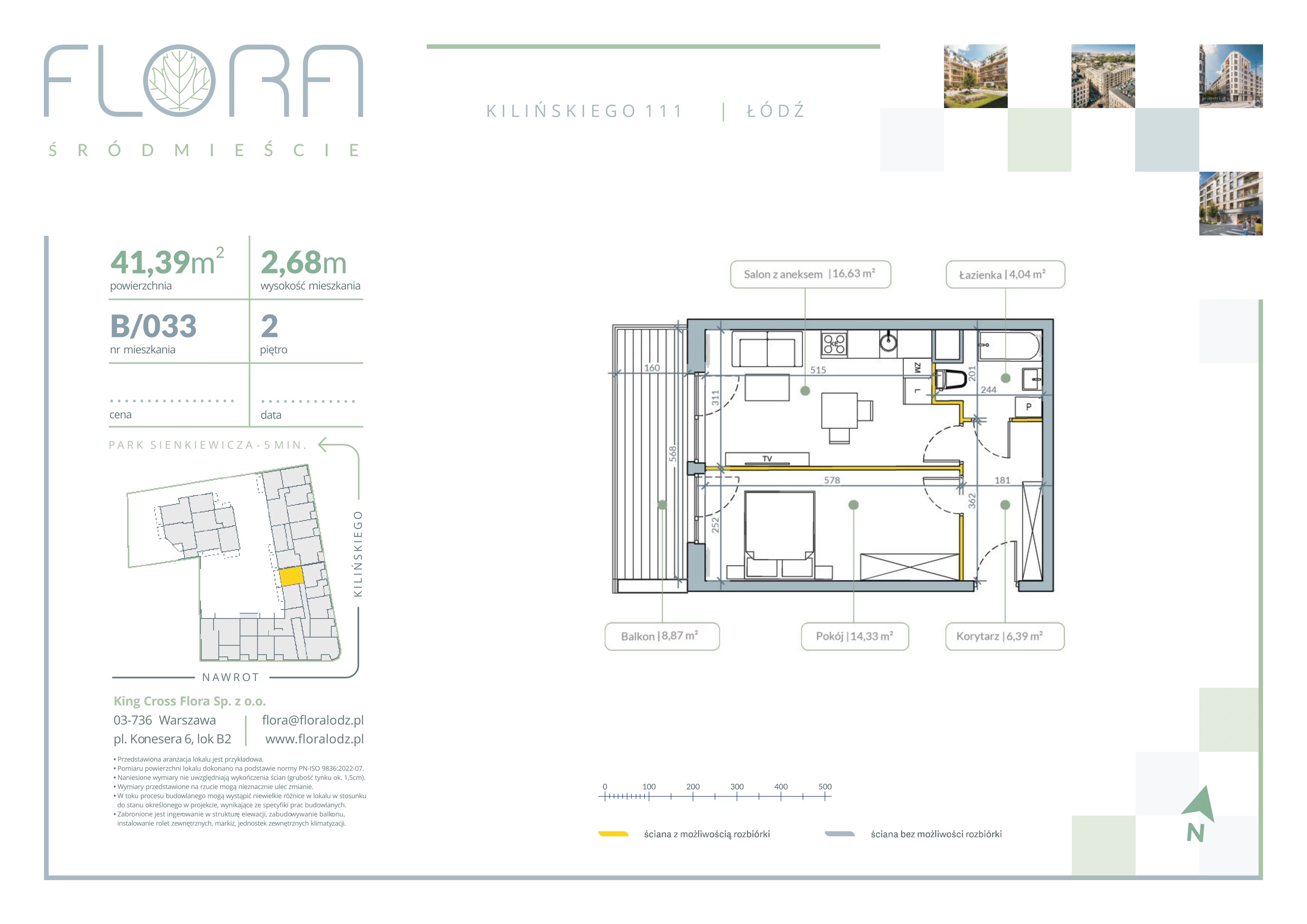 2 pokoje, mieszkanie 41,39 m², piętro 2, oferta nr 33, Flora Śródmieście, Łódź, Śródmieście, ul. płk. Jana Kilińskiego 111