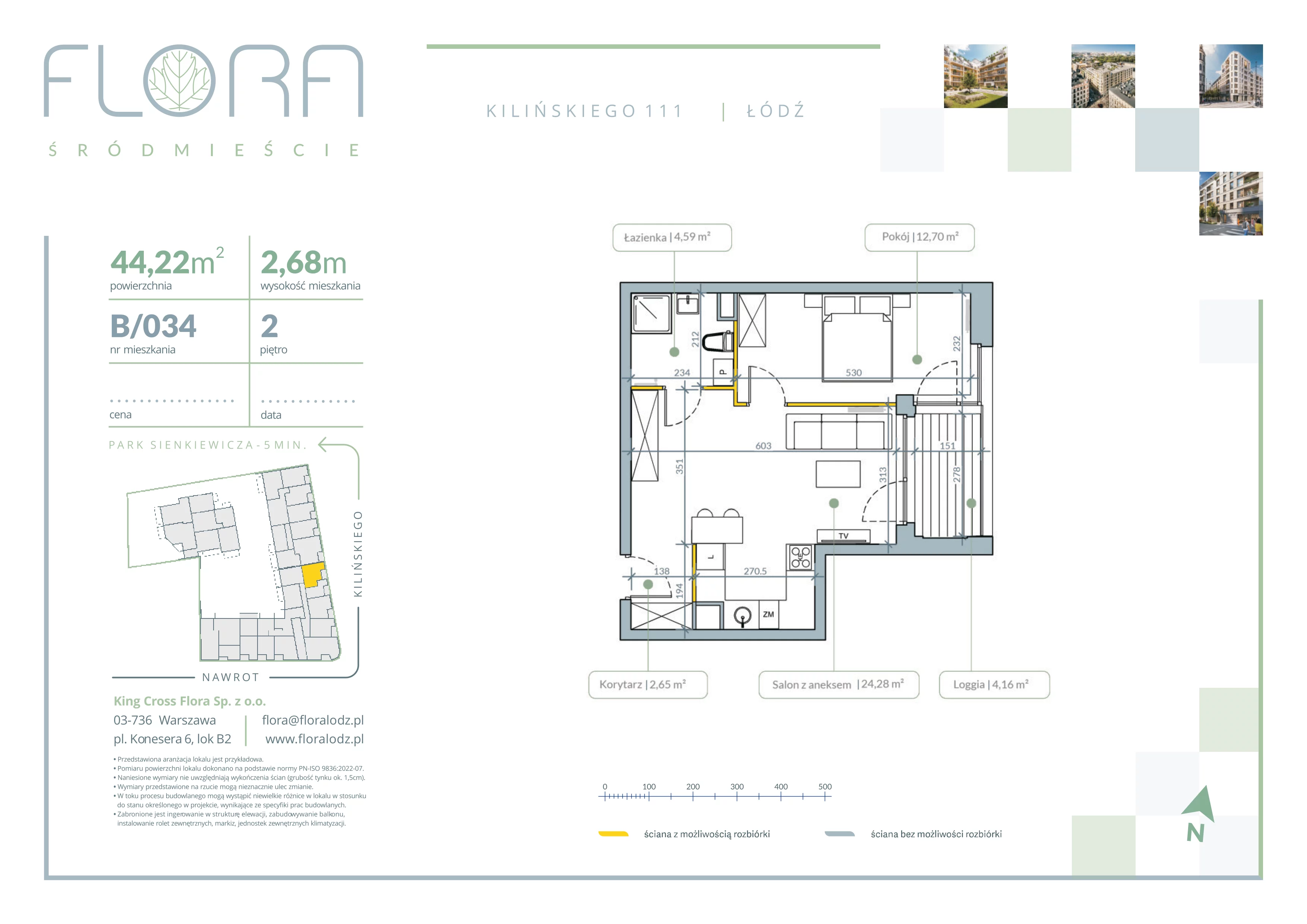 2 pokoje, mieszkanie 44,22 m², piętro 2, oferta nr 34, Flora Śródmieście, Łódź, Śródmieście, ul. płk. Jana Kilińskiego 111