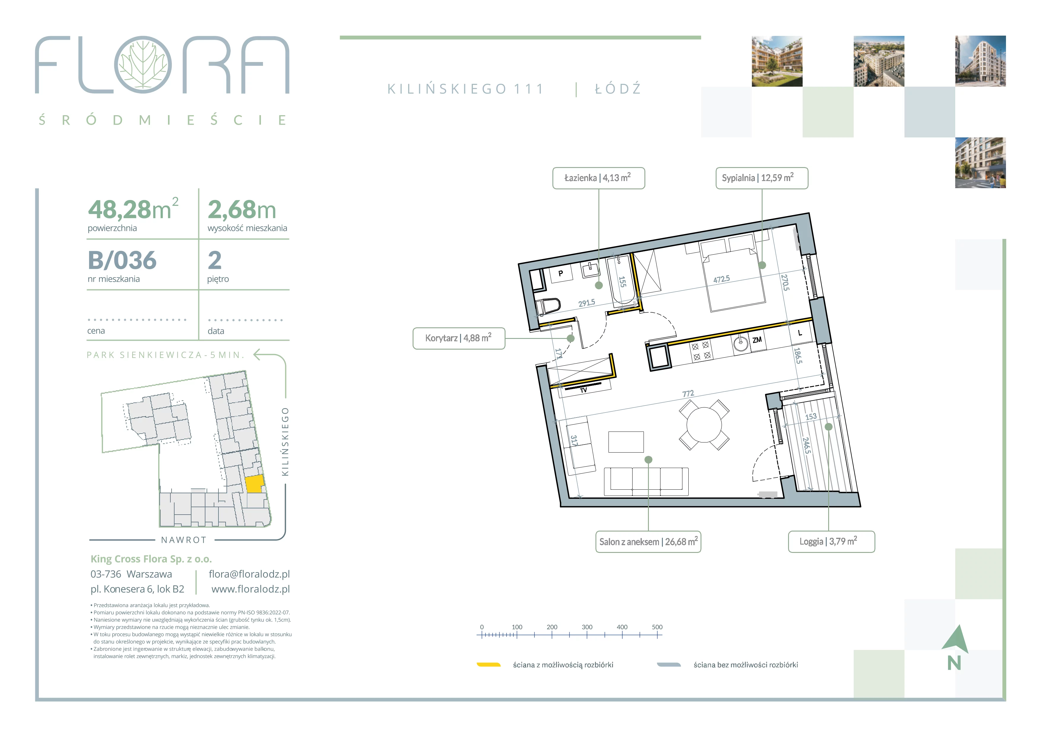 2 pokoje, mieszkanie 48,28 m², piętro 2, oferta nr 36, Flora Śródmieście, Łódź, Śródmieście, ul. płk. Jana Kilińskiego 111