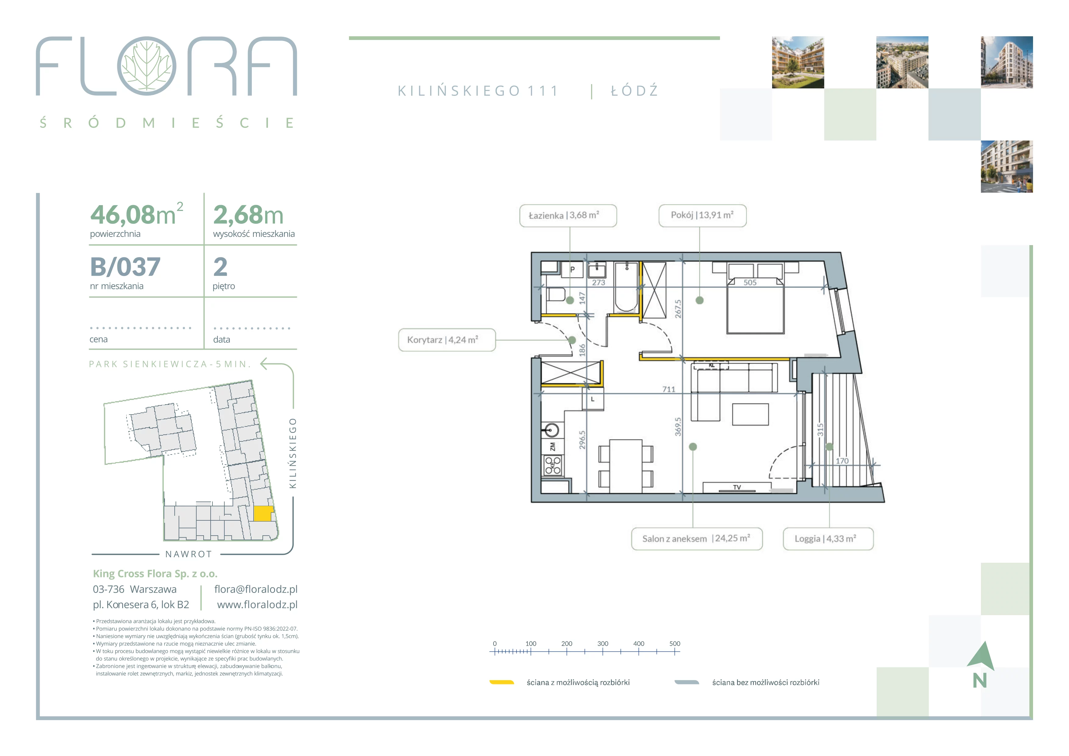 2 pokoje, mieszkanie 46,08 m², piętro 2, oferta nr 37, Flora Śródmieście, Łódź, Śródmieście, ul. płk. Jana Kilińskiego 111