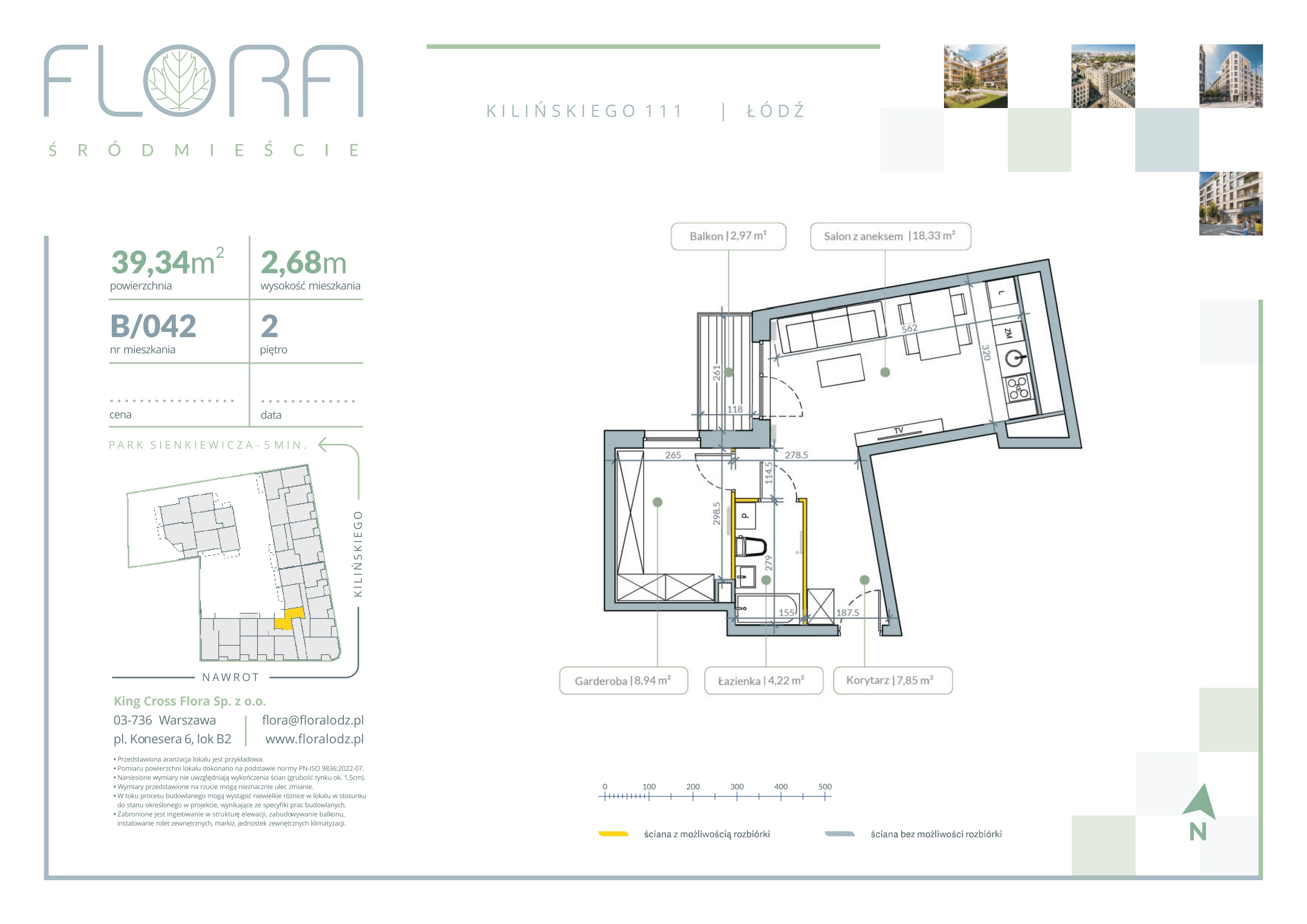 2 pokoje, mieszkanie 39,34 m², piętro 2, oferta nr 42, Flora Śródmieście, Łódź, Śródmieście, ul. płk. Jana Kilińskiego 111