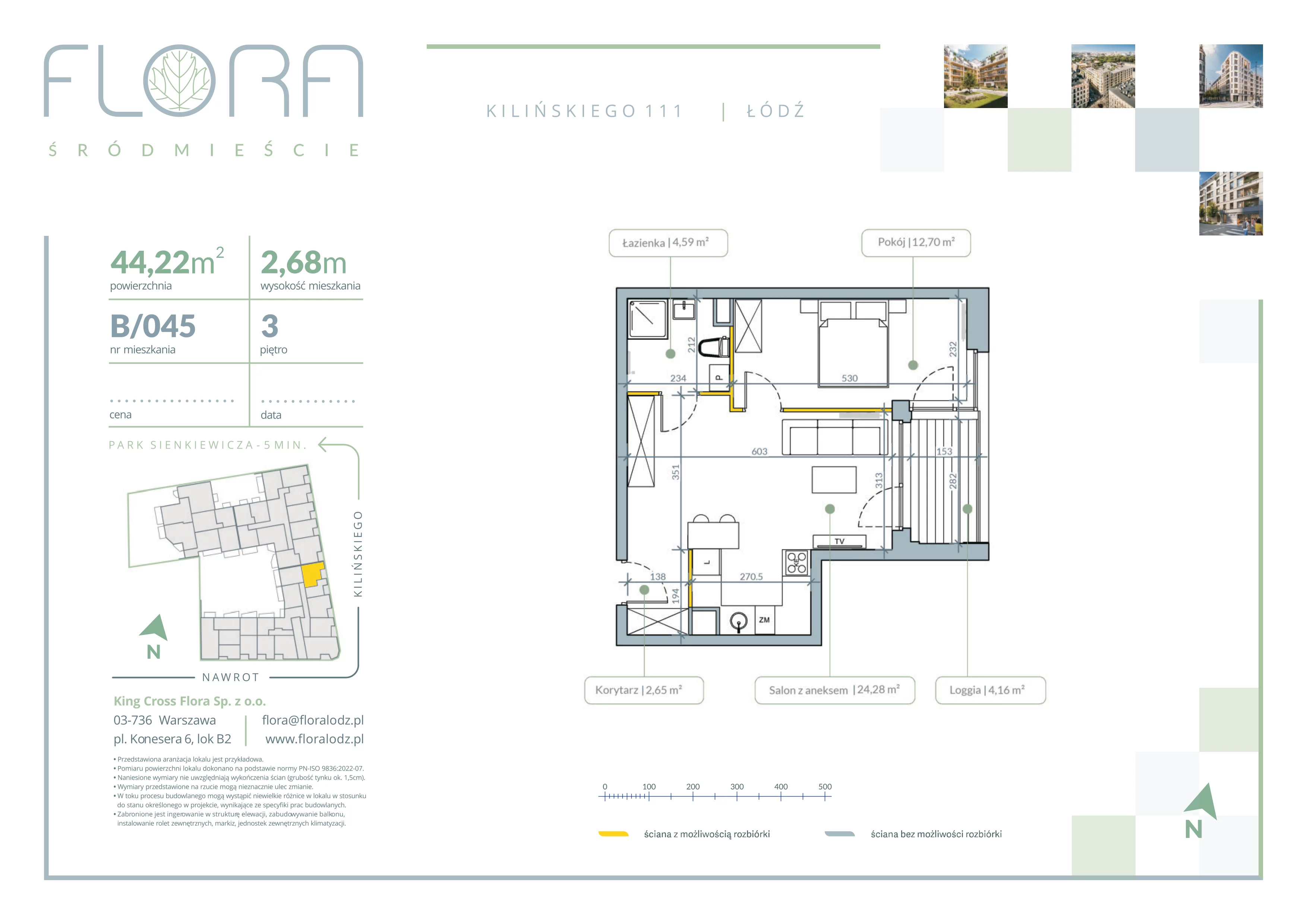 2 pokoje, mieszkanie 44,22 m², piętro 3, oferta nr 45, Flora Śródmieście, Łódź, Śródmieście, ul. płk. Jana Kilińskiego 111