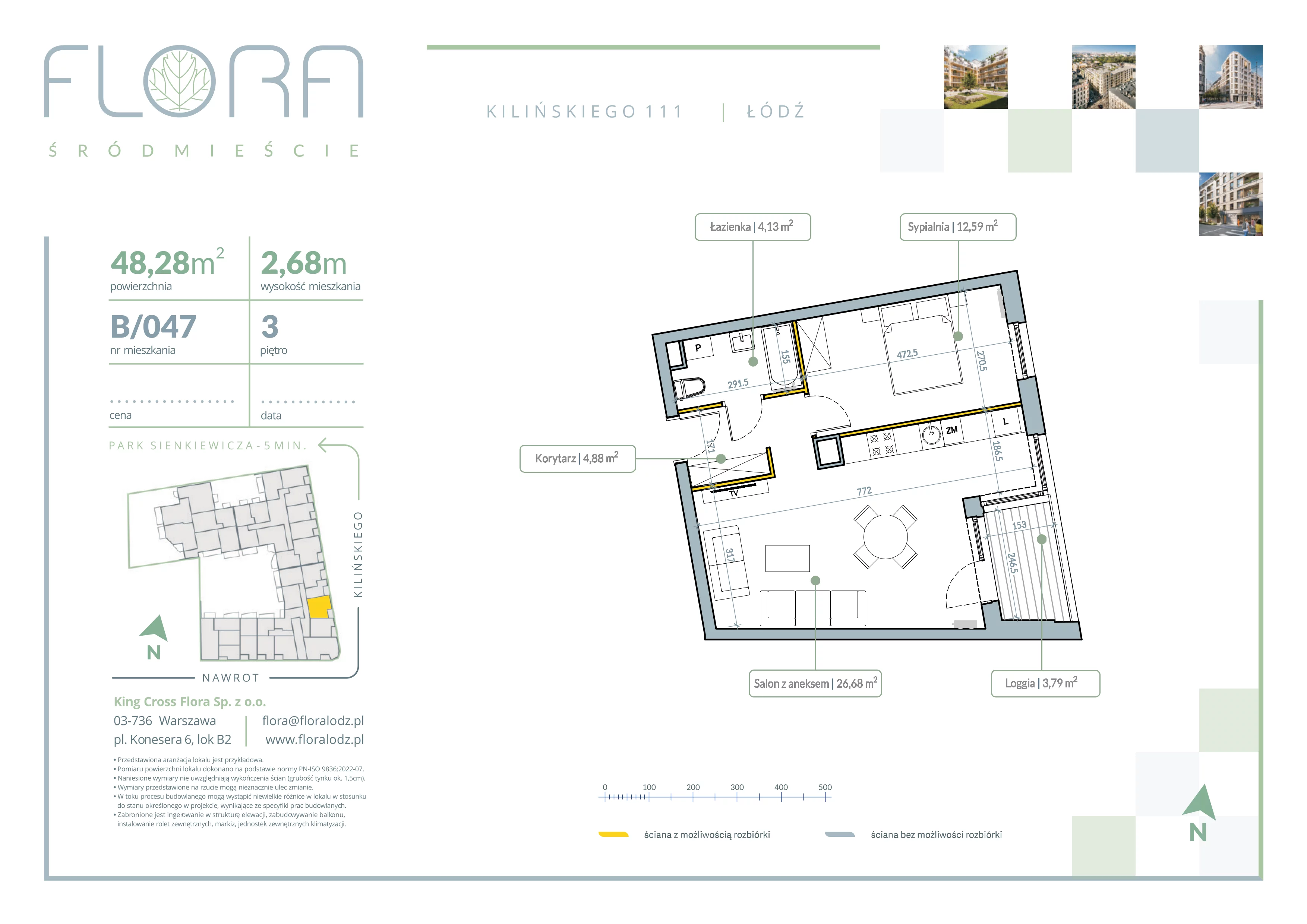 2 pokoje, mieszkanie 48,28 m², piętro 3, oferta nr 47, Flora Śródmieście, Łódź, Śródmieście, ul. płk. Jana Kilińskiego 111