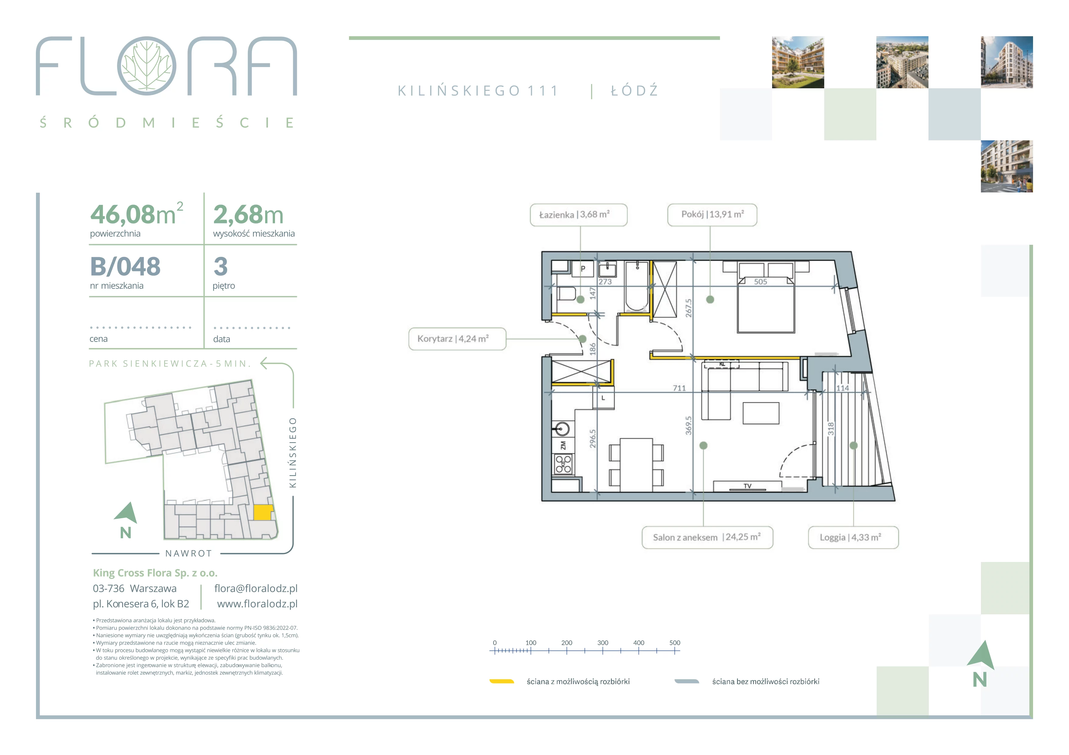 2 pokoje, mieszkanie 46,08 m², piętro 3, oferta nr 48, Flora Śródmieście, Łódź, Śródmieście, ul. płk. Jana Kilińskiego 111