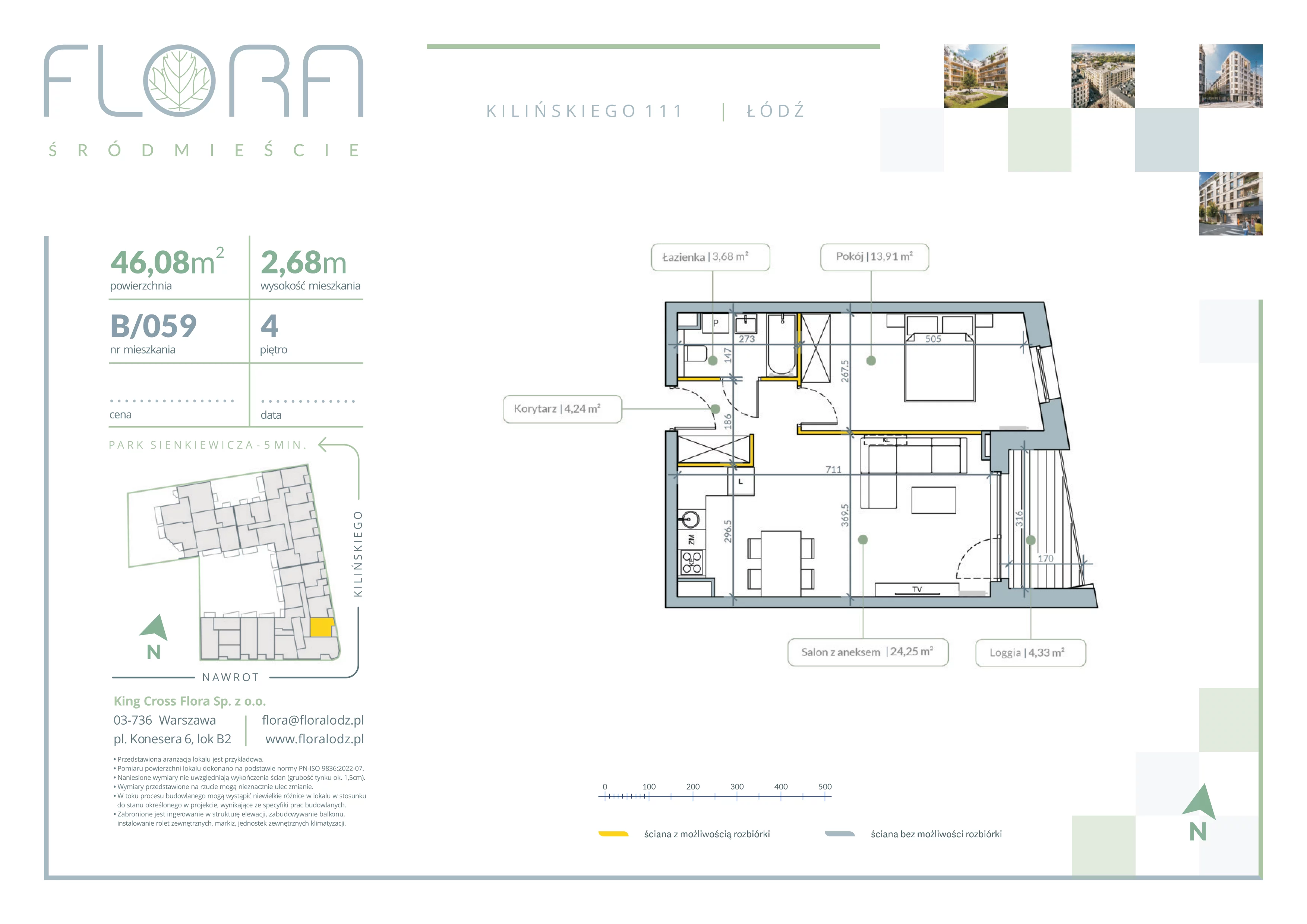 2 pokoje, mieszkanie 46,08 m², piętro 4, oferta nr 59, Flora Śródmieście, Łódź, Śródmieście, ul. płk. Jana Kilińskiego 111