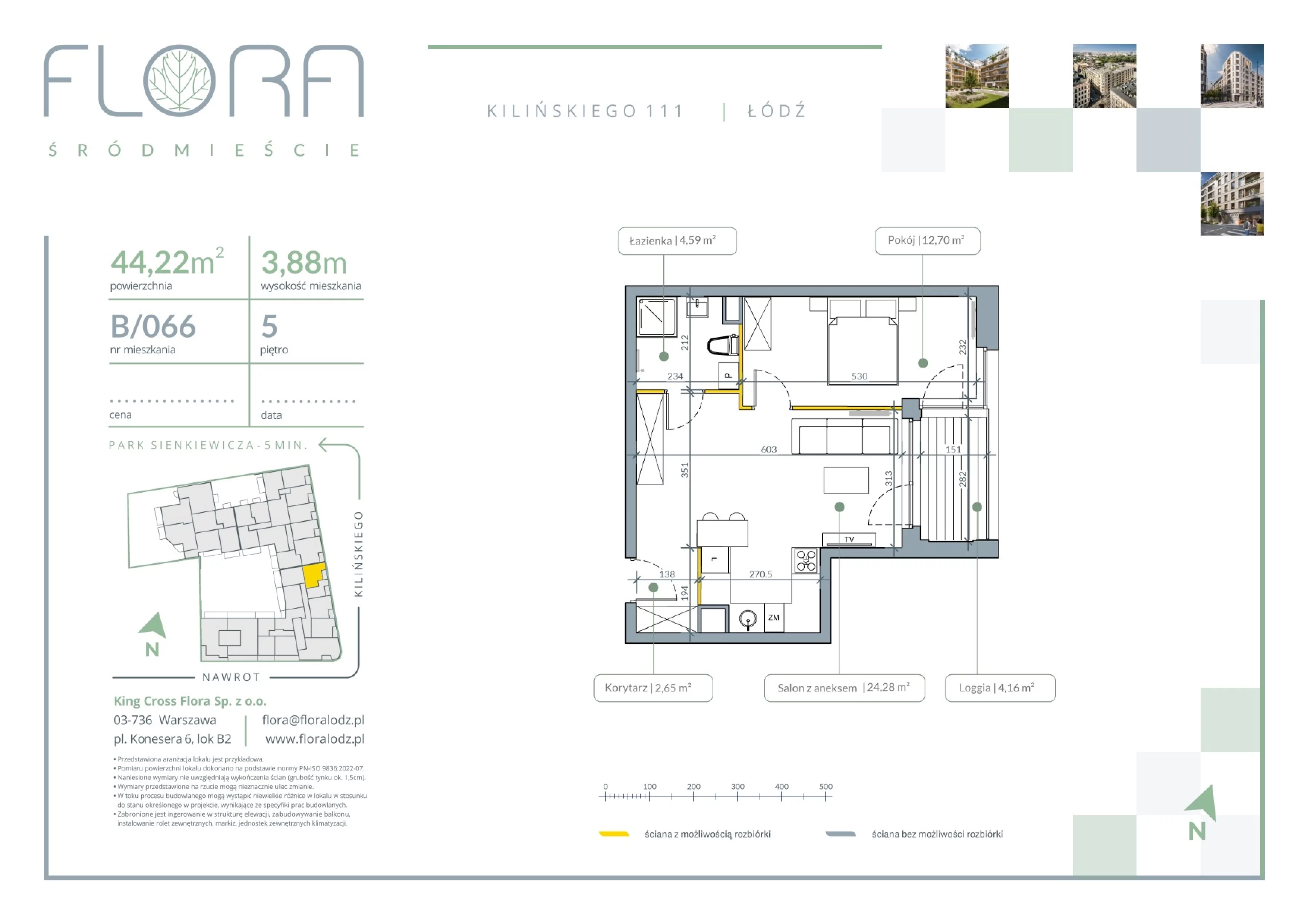 2 pokoje, mieszkanie 44,22 m², piętro 5, oferta nr 66, Flora Śródmieście, Łódź, Śródmieście, ul. płk. Jana Kilińskiego 111