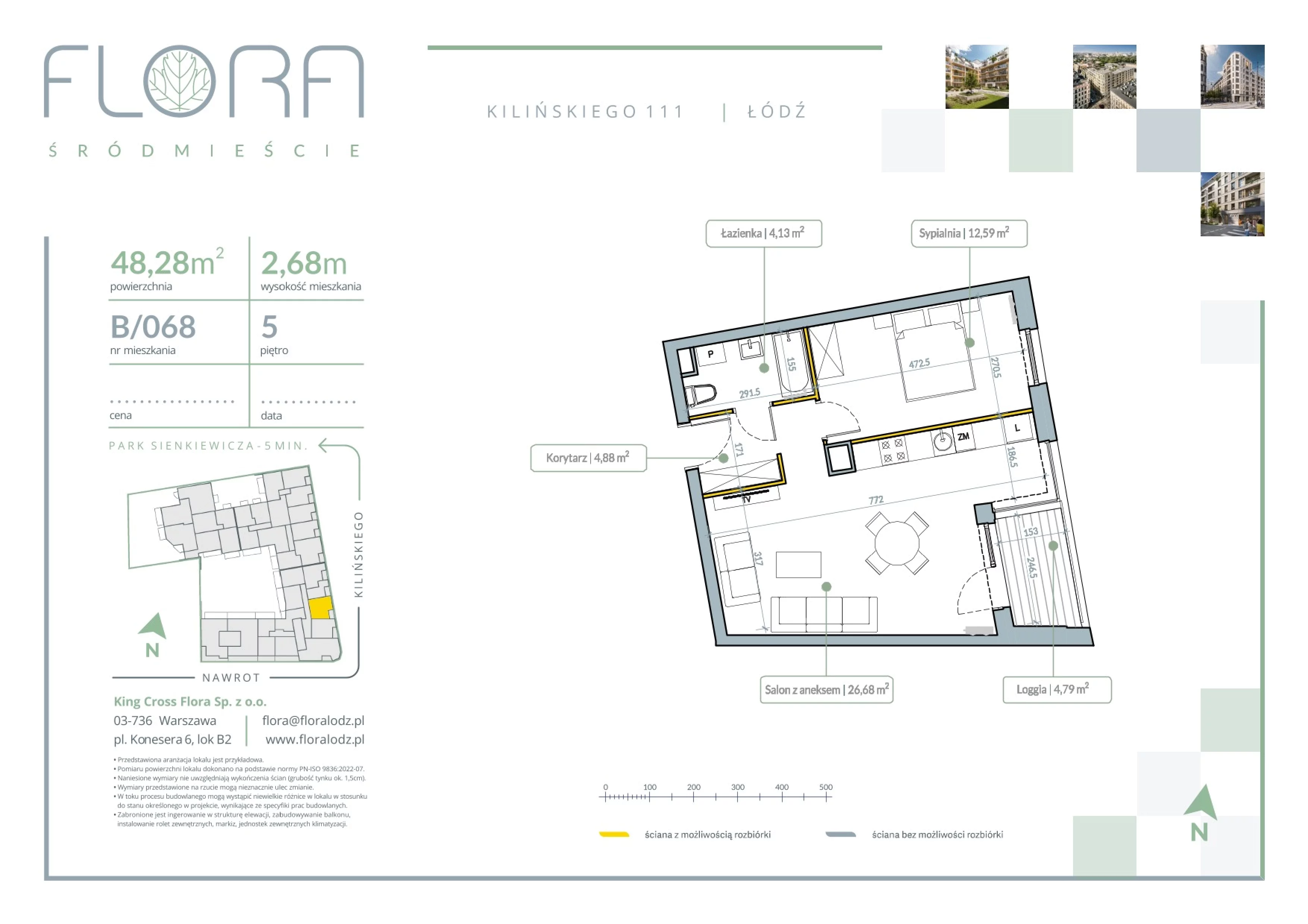 2 pokoje, mieszkanie 48,28 m², piętro 5, oferta nr 68, Flora Śródmieście, Łódź, Śródmieście, ul. płk. Jana Kilińskiego 111