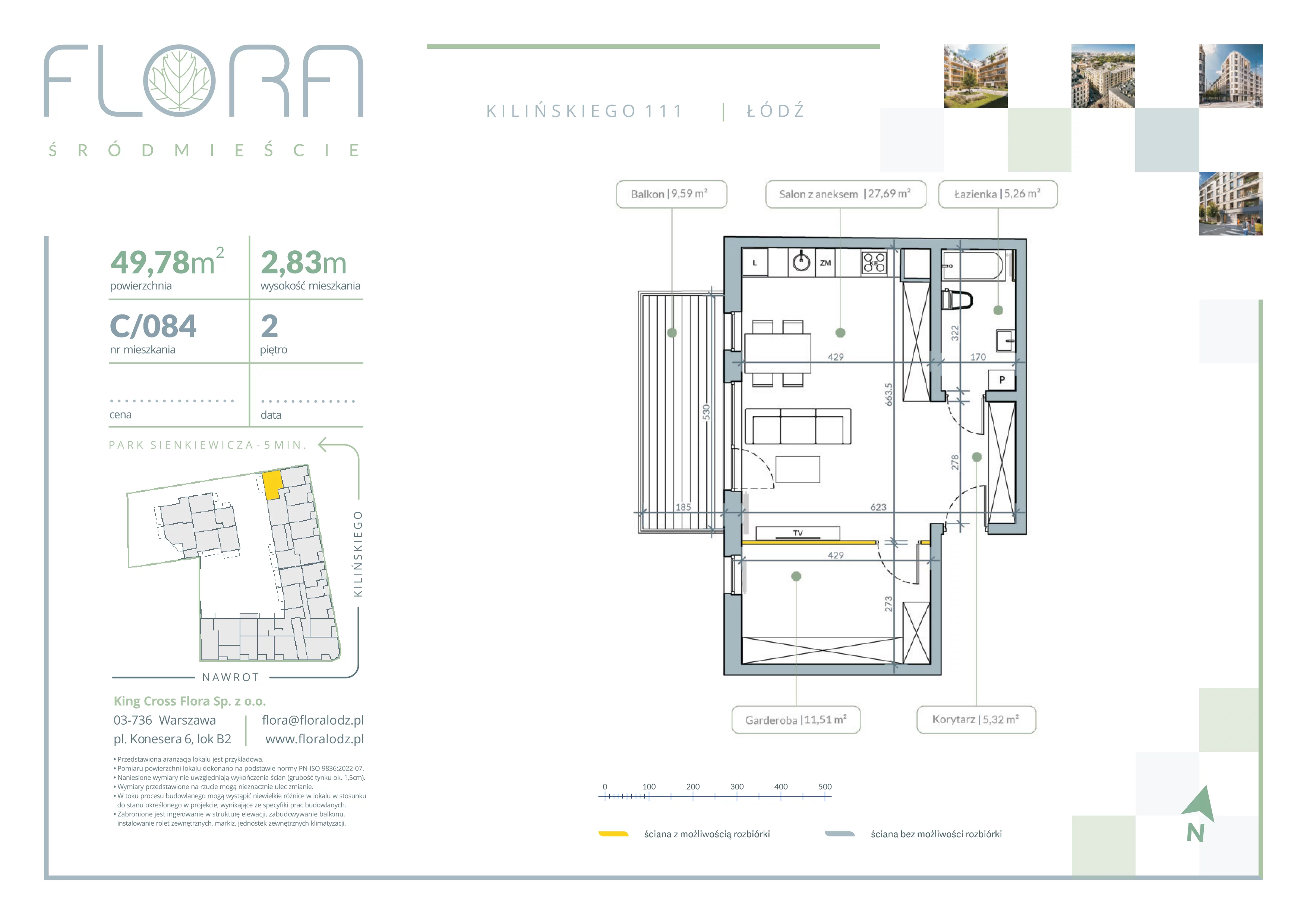 2 pokoje, mieszkanie 49,78 m², piętro 2, oferta nr 84, Flora Śródmieście, Łódź, Śródmieście, ul. płk. Jana Kilińskiego 111