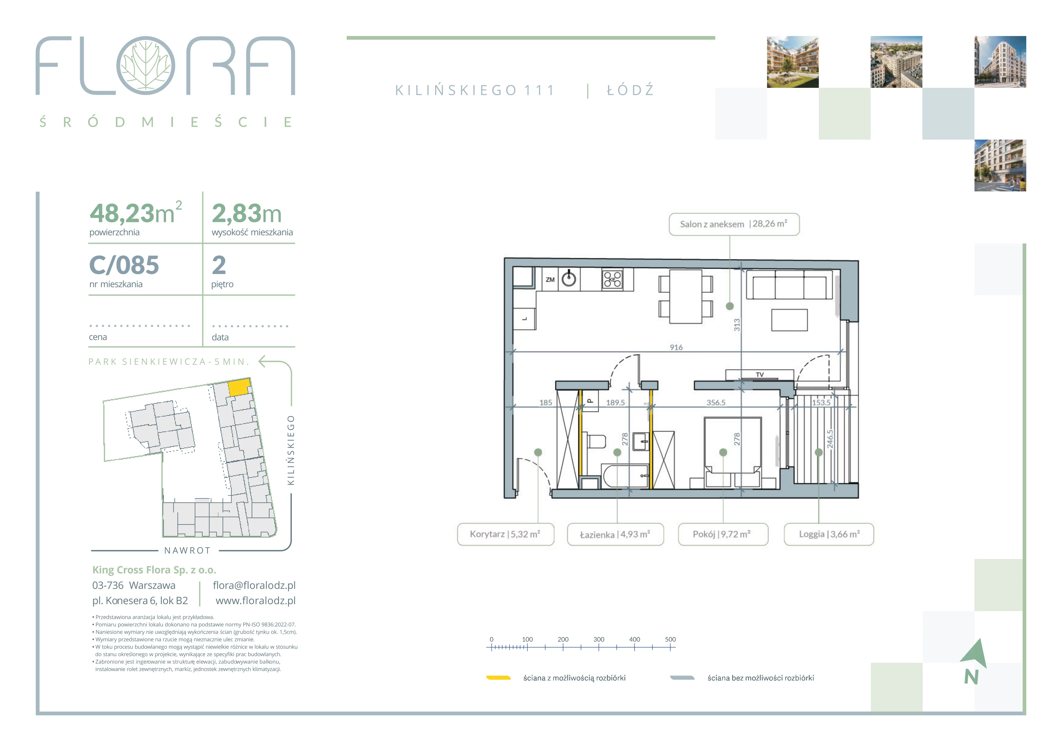2 pokoje, mieszkanie 48,23 m², piętro 2, oferta nr 85, Flora Śródmieście, Łódź, Śródmieście, ul. płk. Jana Kilińskiego 111
