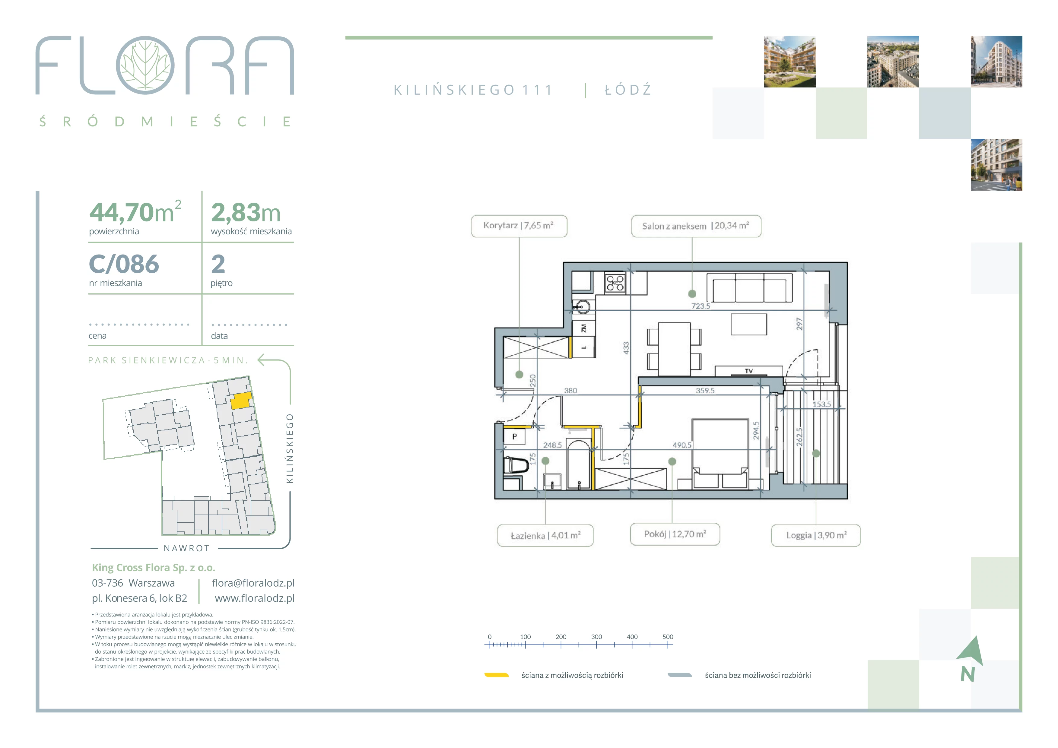 2 pokoje, mieszkanie 44,70 m², piętro 2, oferta nr 86, Flora Śródmieście, Łódź, Śródmieście, ul. płk. Jana Kilińskiego 111