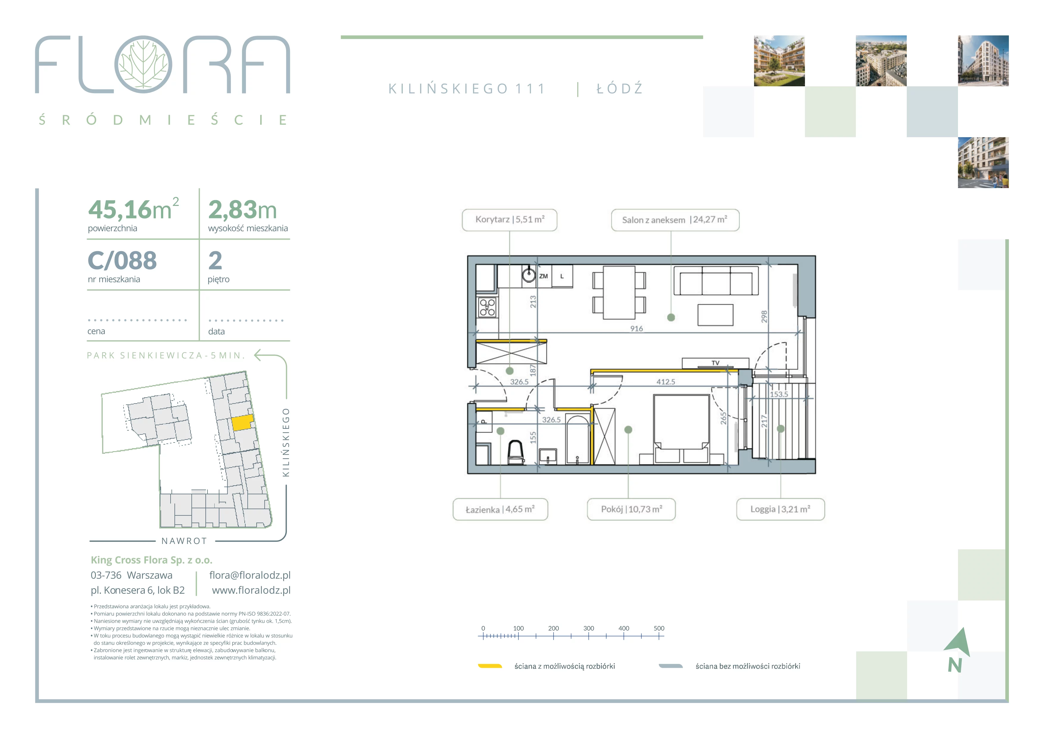 2 pokoje, mieszkanie 45,16 m², piętro 2, oferta nr 88, Flora Śródmieście, Łódź, Śródmieście, ul. płk. Jana Kilińskiego 111