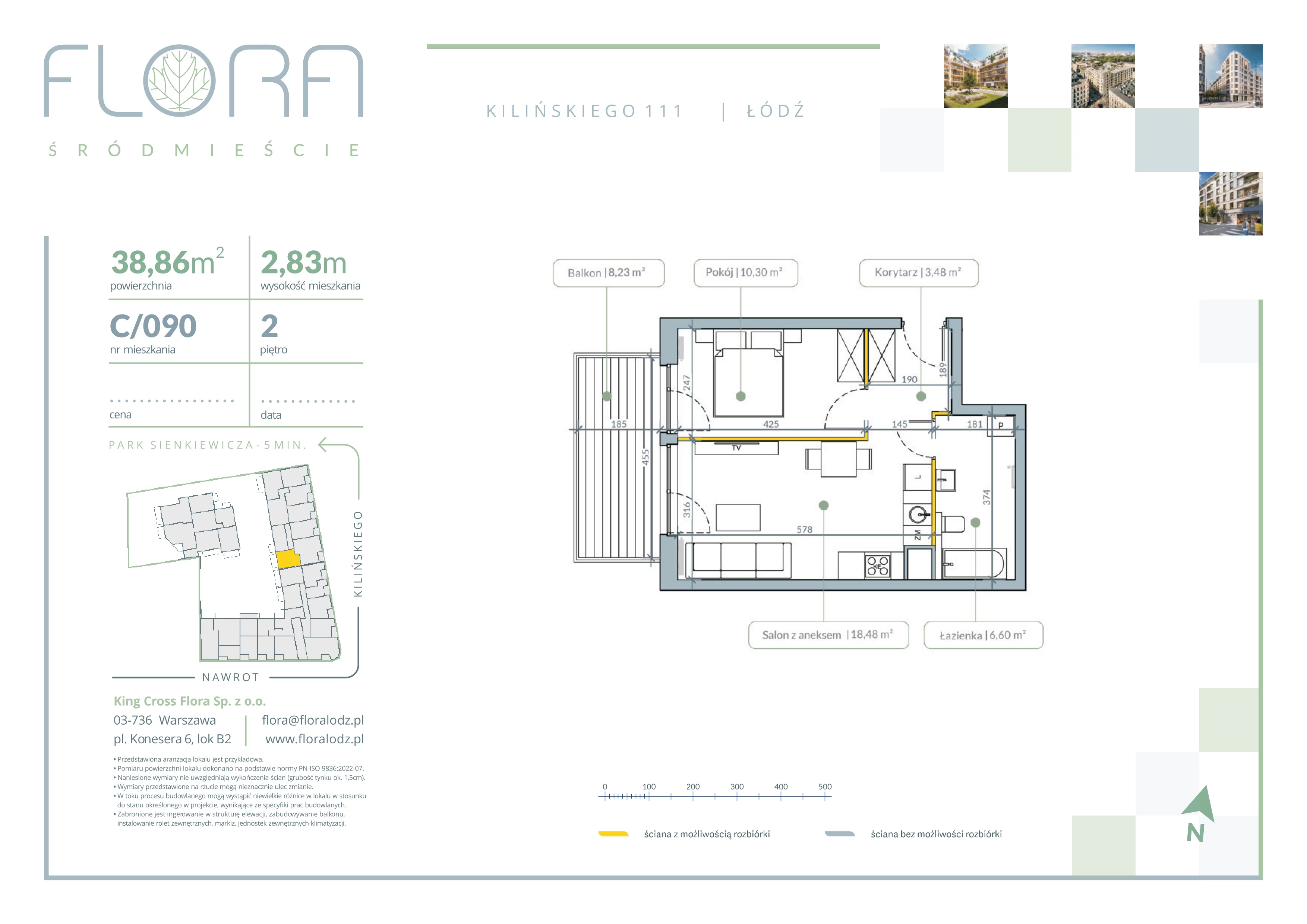 2 pokoje, mieszkanie 38,86 m², piętro 2, oferta nr 90, Flora Śródmieście, Łódź, Śródmieście, ul. płk. Jana Kilińskiego 111