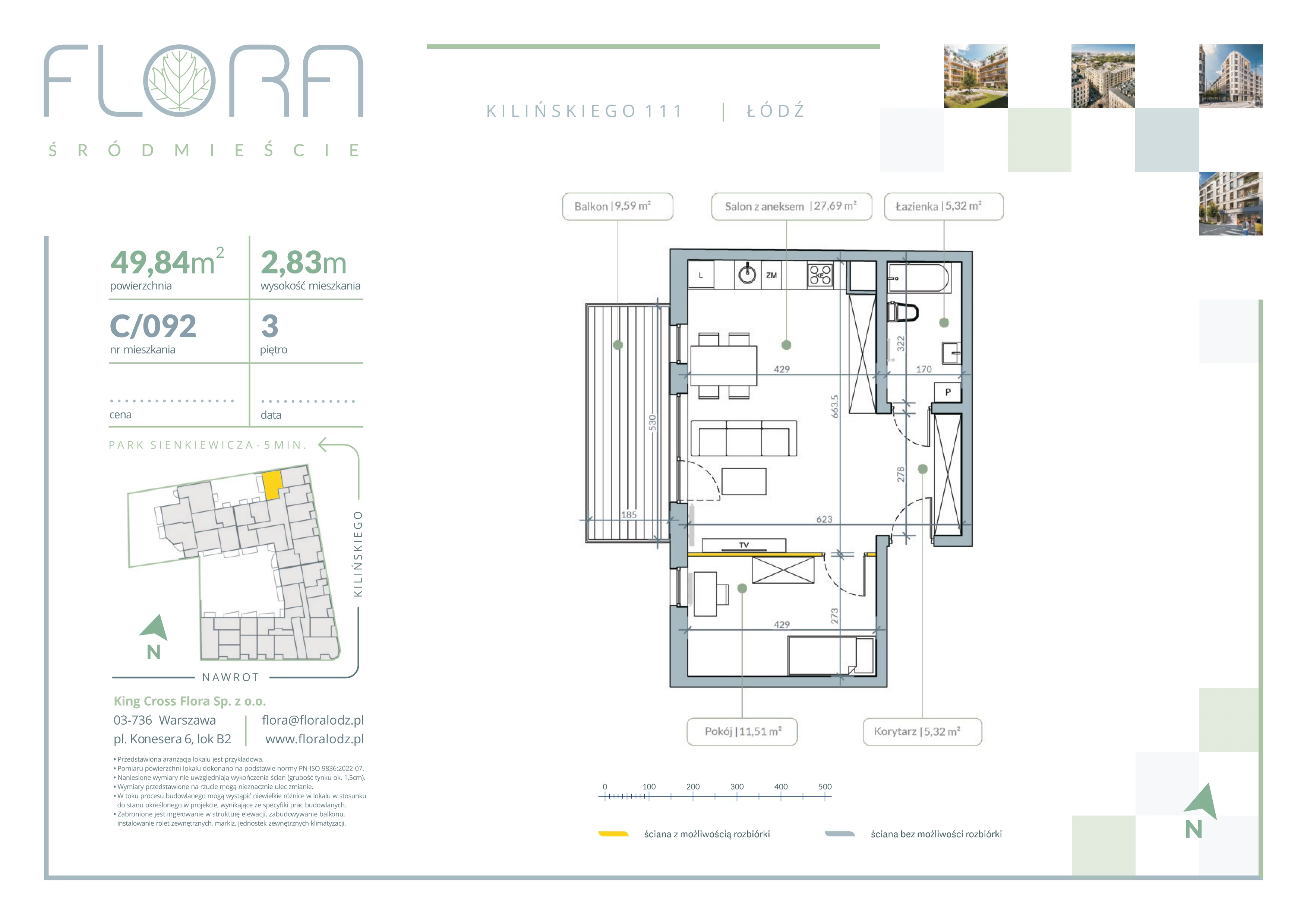 2 pokoje, mieszkanie 49,84 m², piętro 3, oferta nr 92, Flora Śródmieście, Łódź, Śródmieście, ul. płk. Jana Kilińskiego 111