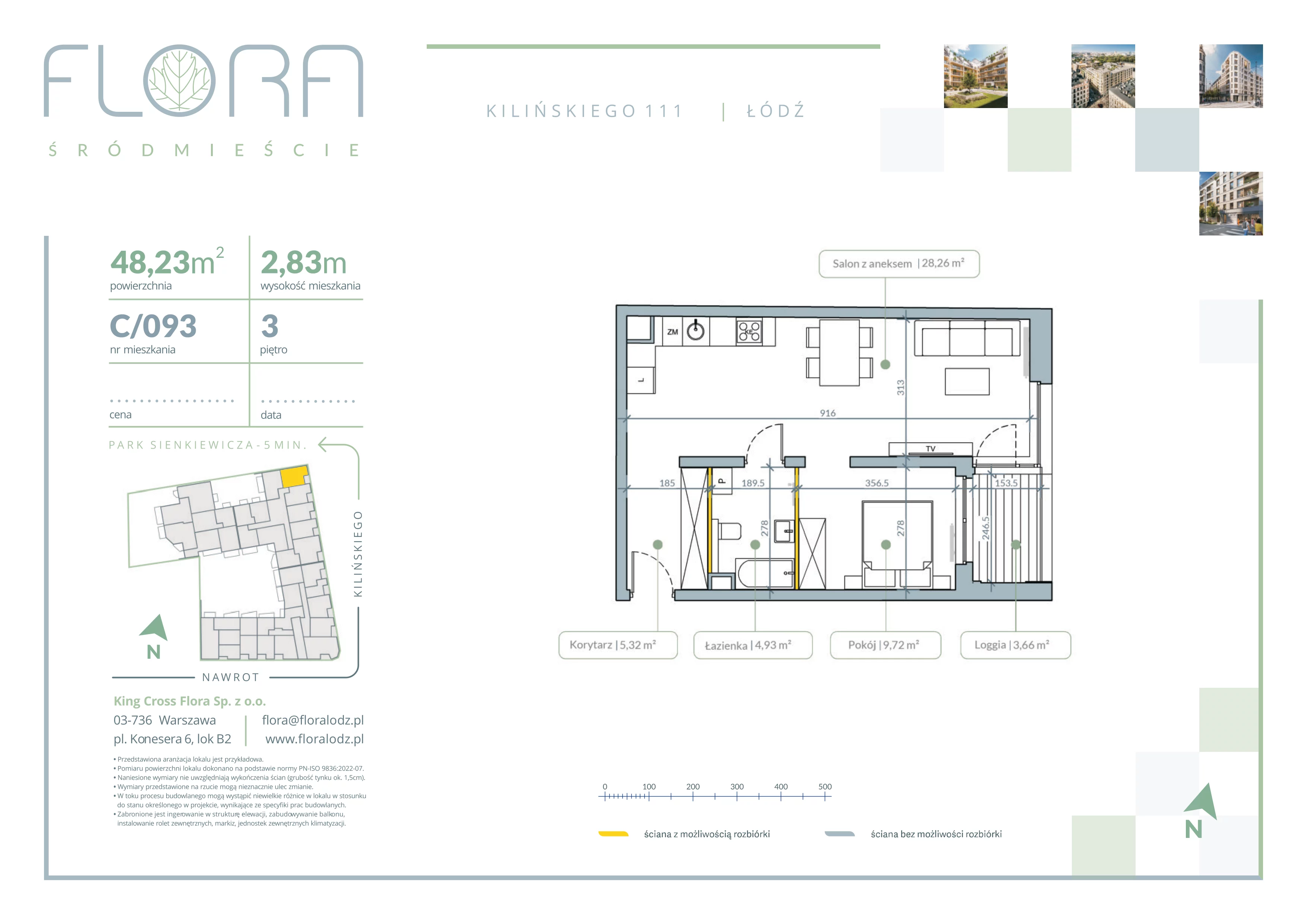 2 pokoje, mieszkanie 48,23 m², piętro 3, oferta nr 93, Flora Śródmieście, Łódź, Śródmieście, ul. płk. Jana Kilińskiego 111