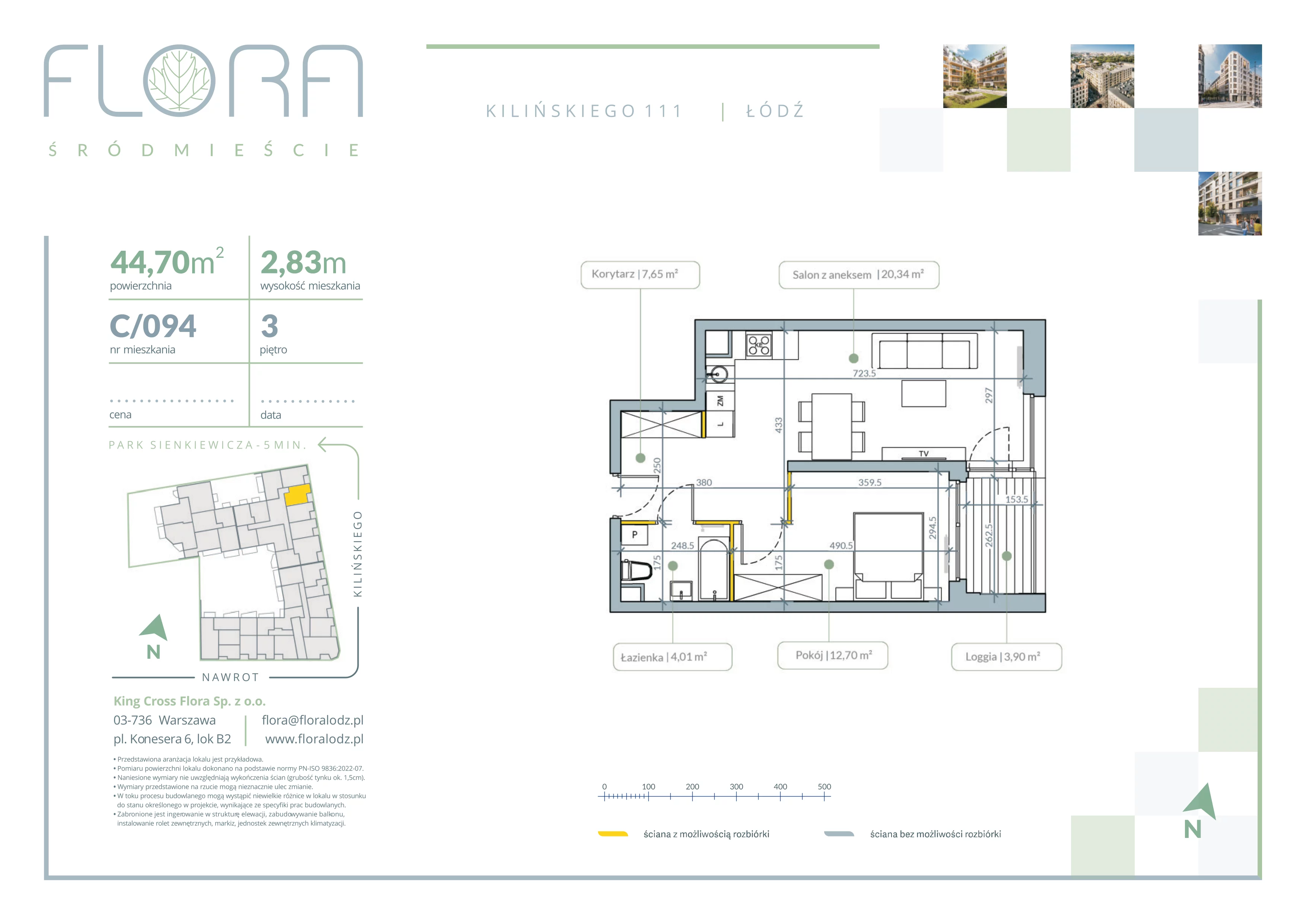 2 pokoje, mieszkanie 44,70 m², piętro 3, oferta nr 94, Flora Śródmieście, Łódź, Śródmieście, ul. płk. Jana Kilińskiego 111