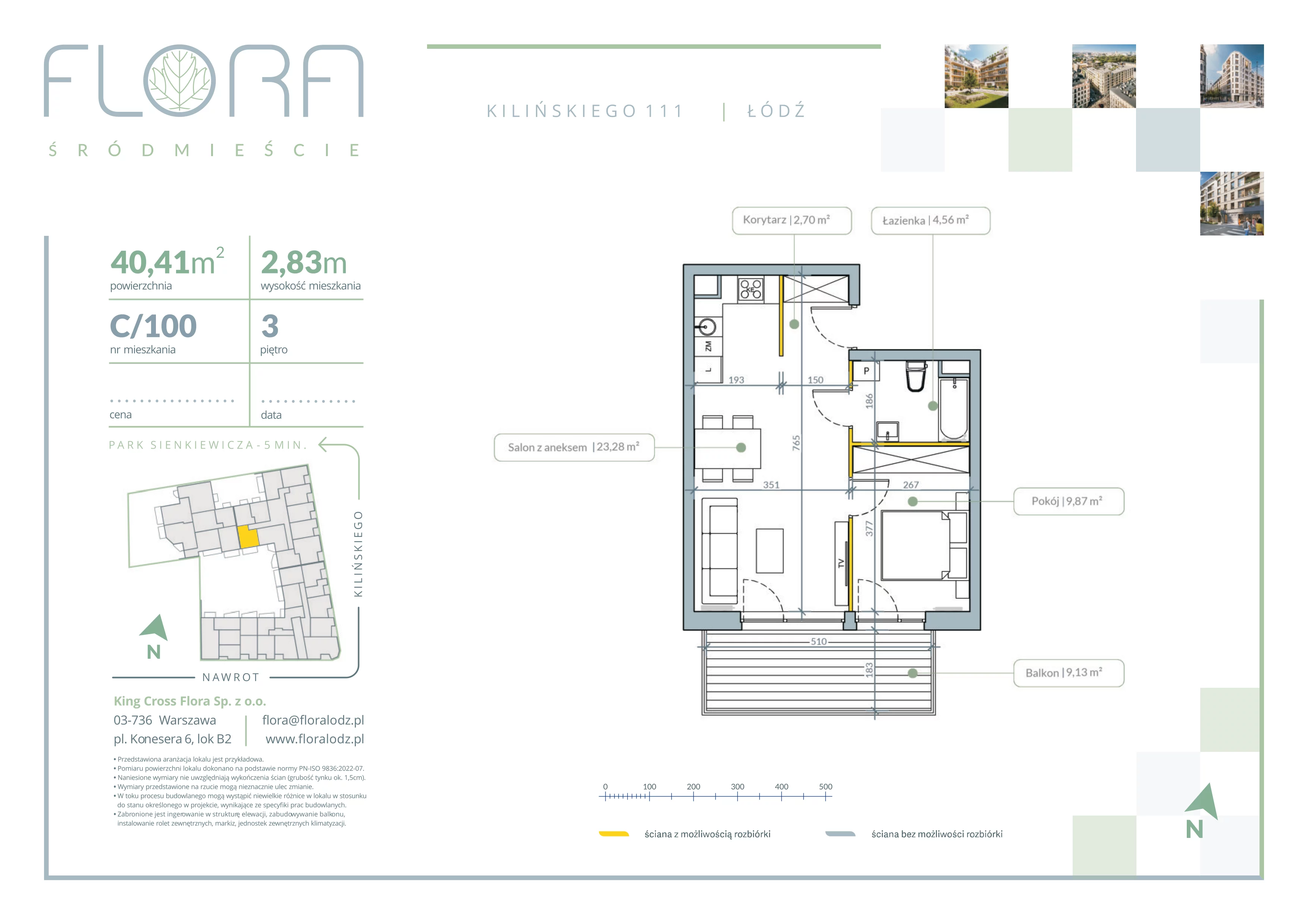 2 pokoje, mieszkanie 40,41 m², piętro 3, oferta nr 100, Flora Śródmieście, Łódź, Śródmieście, ul. płk. Jana Kilińskiego 111