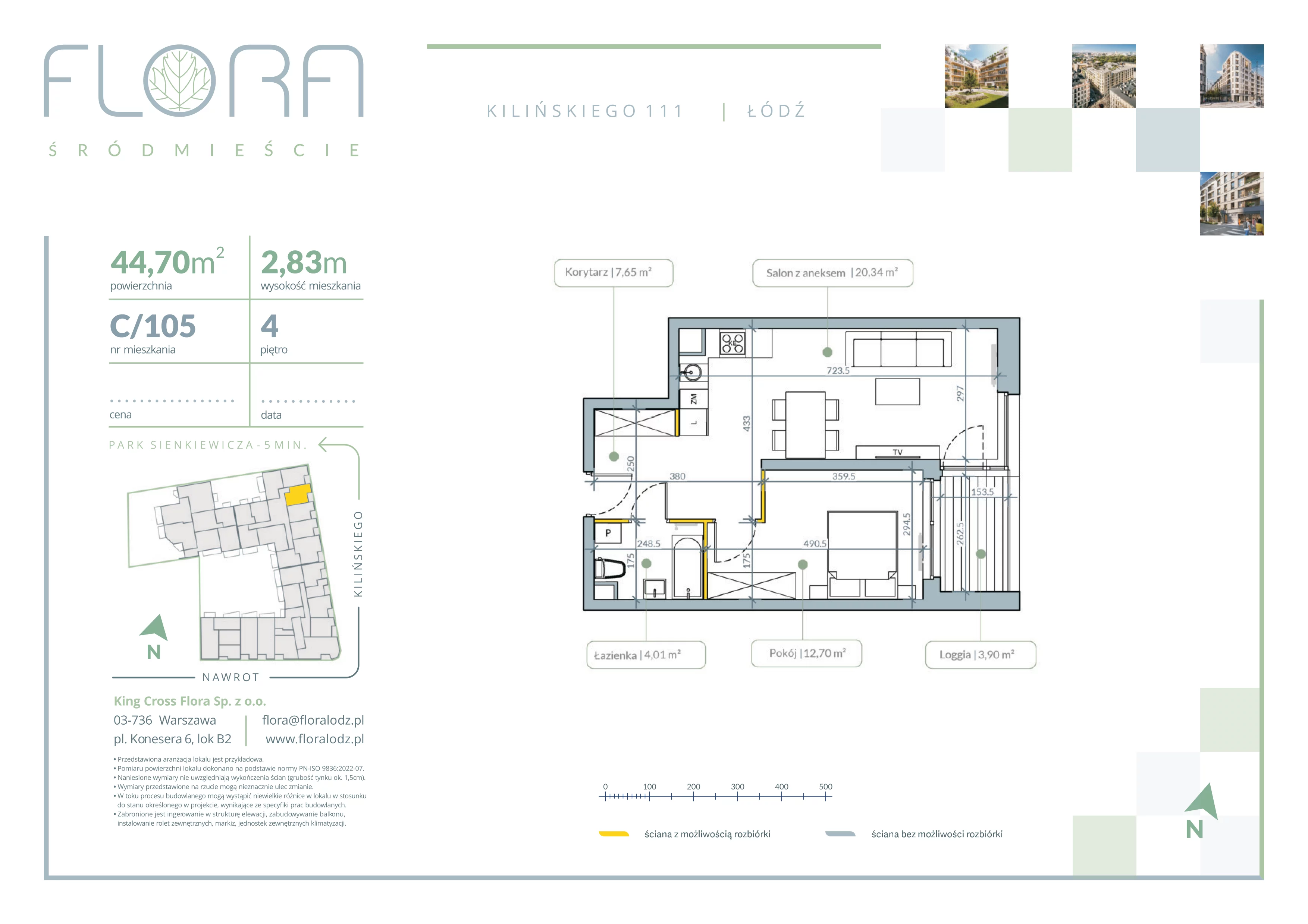 2 pokoje, mieszkanie 44,70 m², piętro 4, oferta nr 105, Flora Śródmieście, Łódź, Śródmieście, ul. płk. Jana Kilińskiego 111