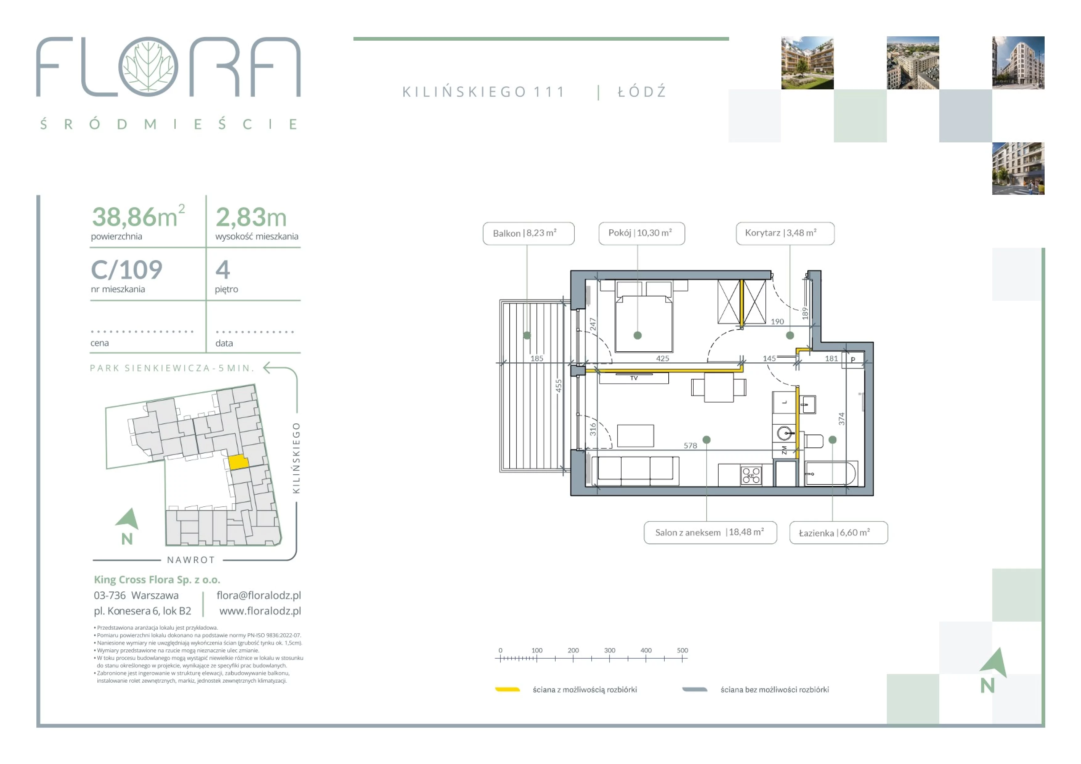 2 pokoje, mieszkanie 38,86 m², piętro 4, oferta nr 109, Flora Śródmieście, Łódź, Śródmieście, ul. płk. Jana Kilińskiego 111