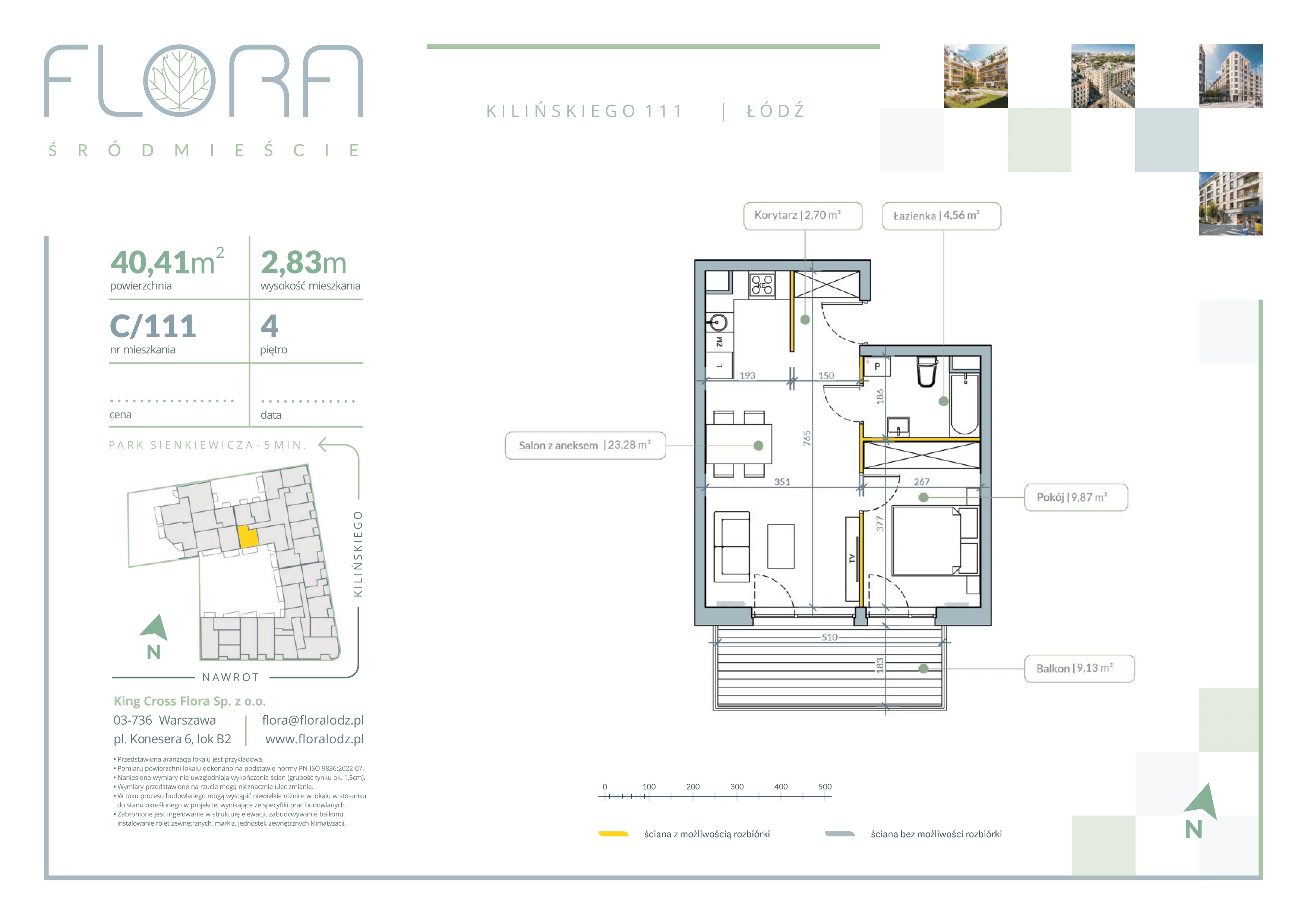 2 pokoje, mieszkanie 40,41 m², piętro 4, oferta nr 111, Flora Śródmieście, Łódź, Śródmieście, ul. płk. Jana Kilińskiego 111