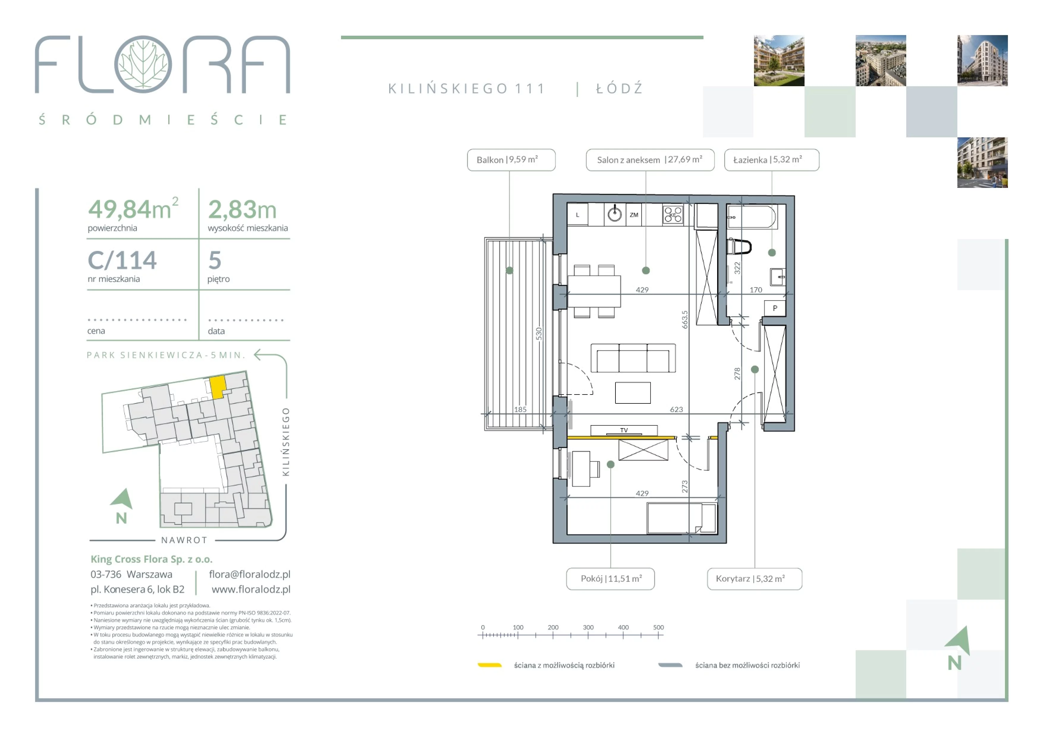 2 pokoje, mieszkanie 49,84 m², piętro 5, oferta nr 114, Flora Śródmieście, Łódź, Śródmieście, ul. płk. Jana Kilińskiego 111