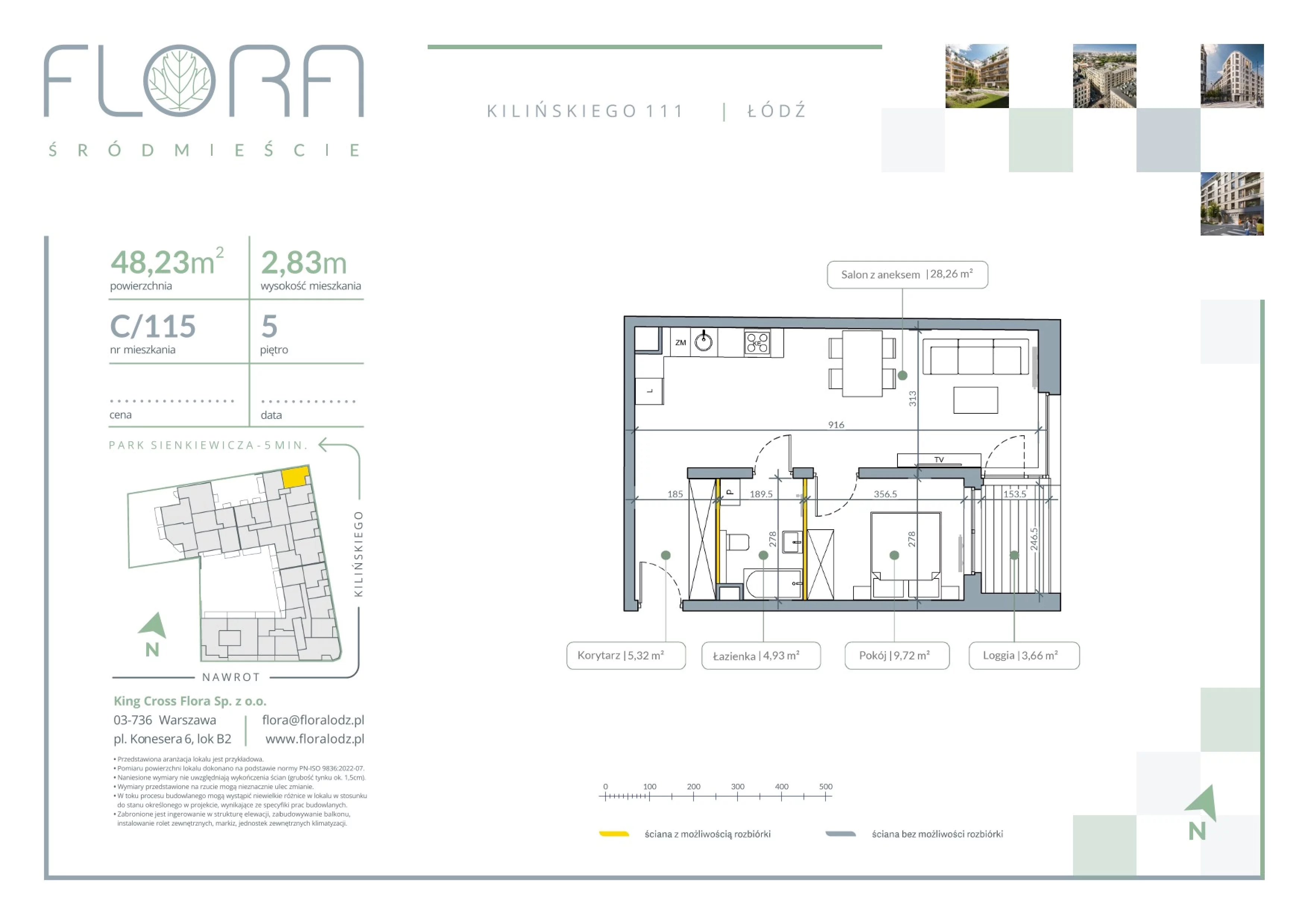 2 pokoje, mieszkanie 48,23 m², piętro 5, oferta nr 115, Flora Śródmieście, Łódź, Śródmieście, ul. płk. Jana Kilińskiego 111