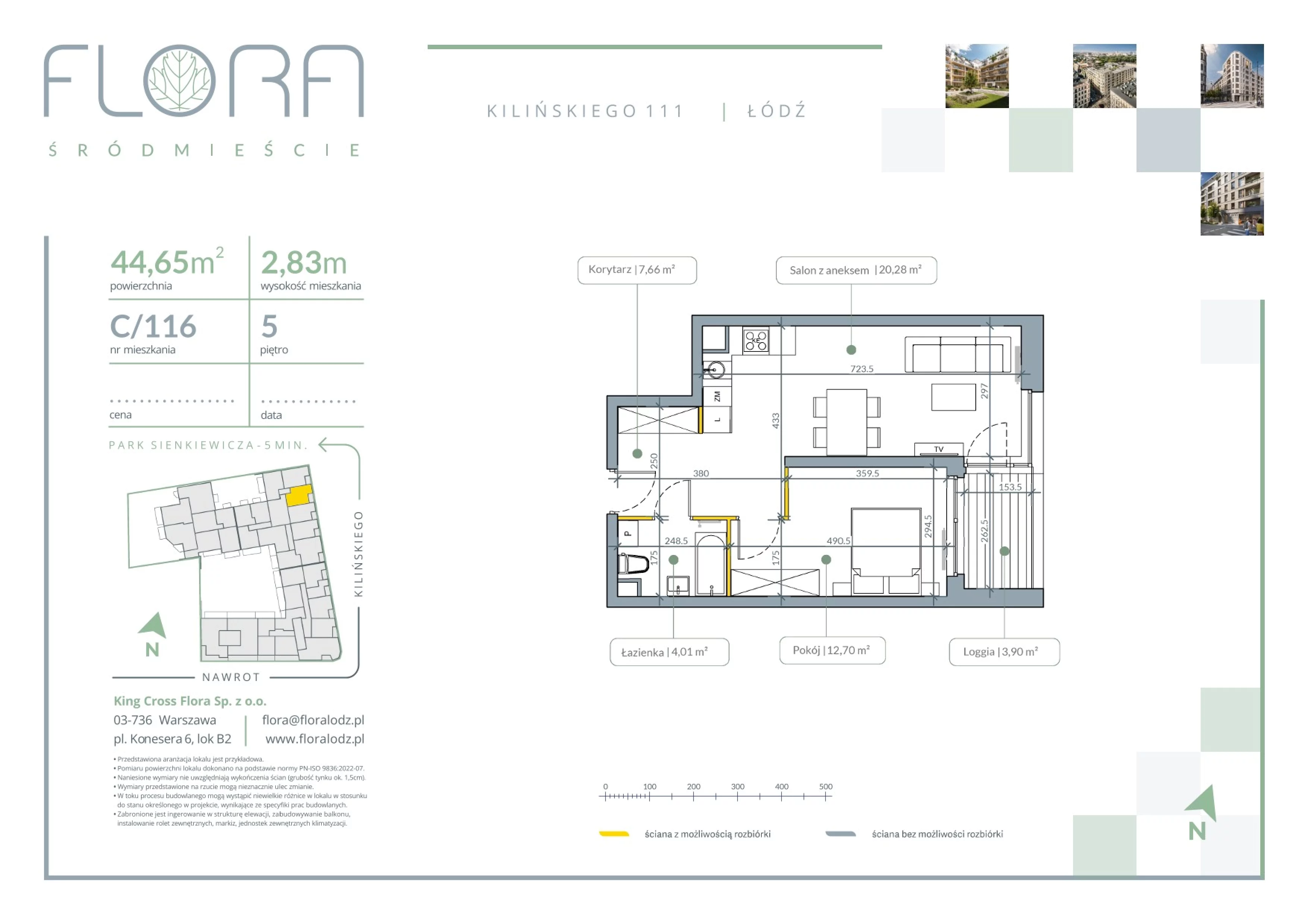 2 pokoje, mieszkanie 44,65 m², piętro 5, oferta nr 116, Flora Śródmieście, Łódź, Śródmieście, ul. płk. Jana Kilińskiego 111
