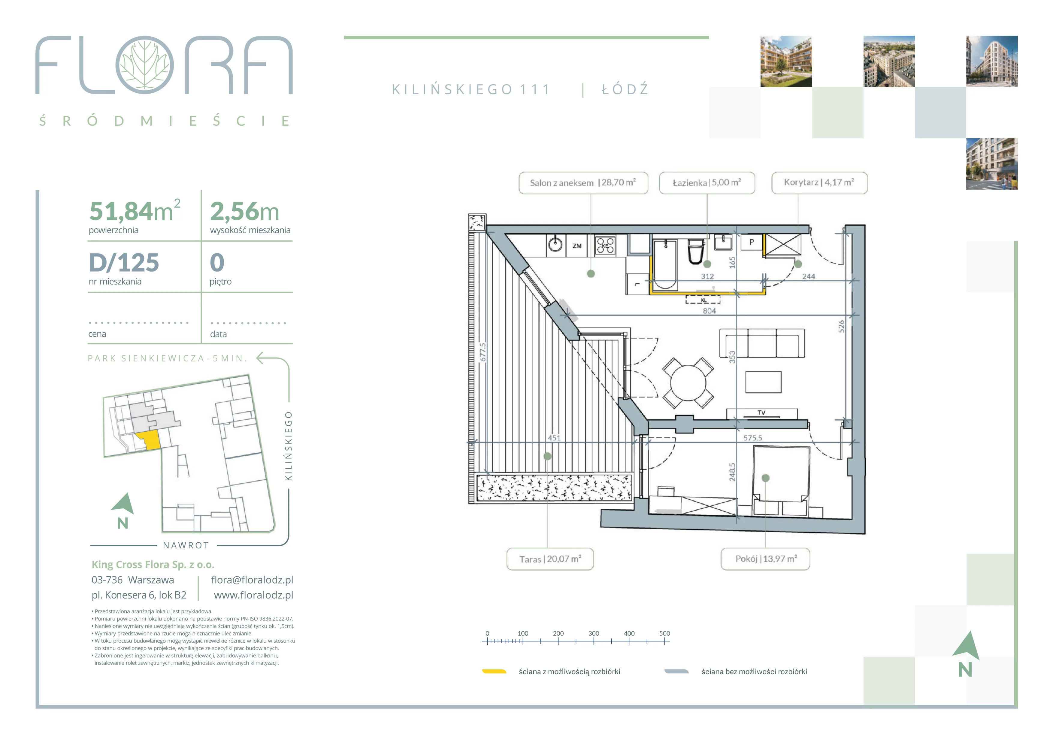 2 pokoje, mieszkanie 51,84 m², parter, oferta nr 125, Flora Śródmieście, Łódź, Śródmieście, ul. płk. Jana Kilińskiego 111
