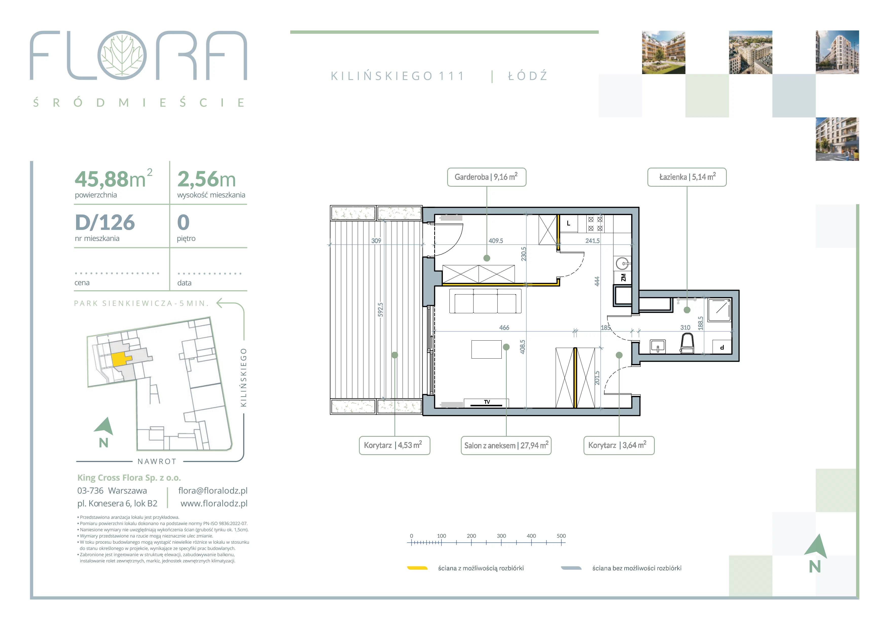 2 pokoje, mieszkanie 45,88 m², parter, oferta nr 126, Flora Śródmieście, Łódź, Śródmieście, ul. płk. Jana Kilińskiego 111