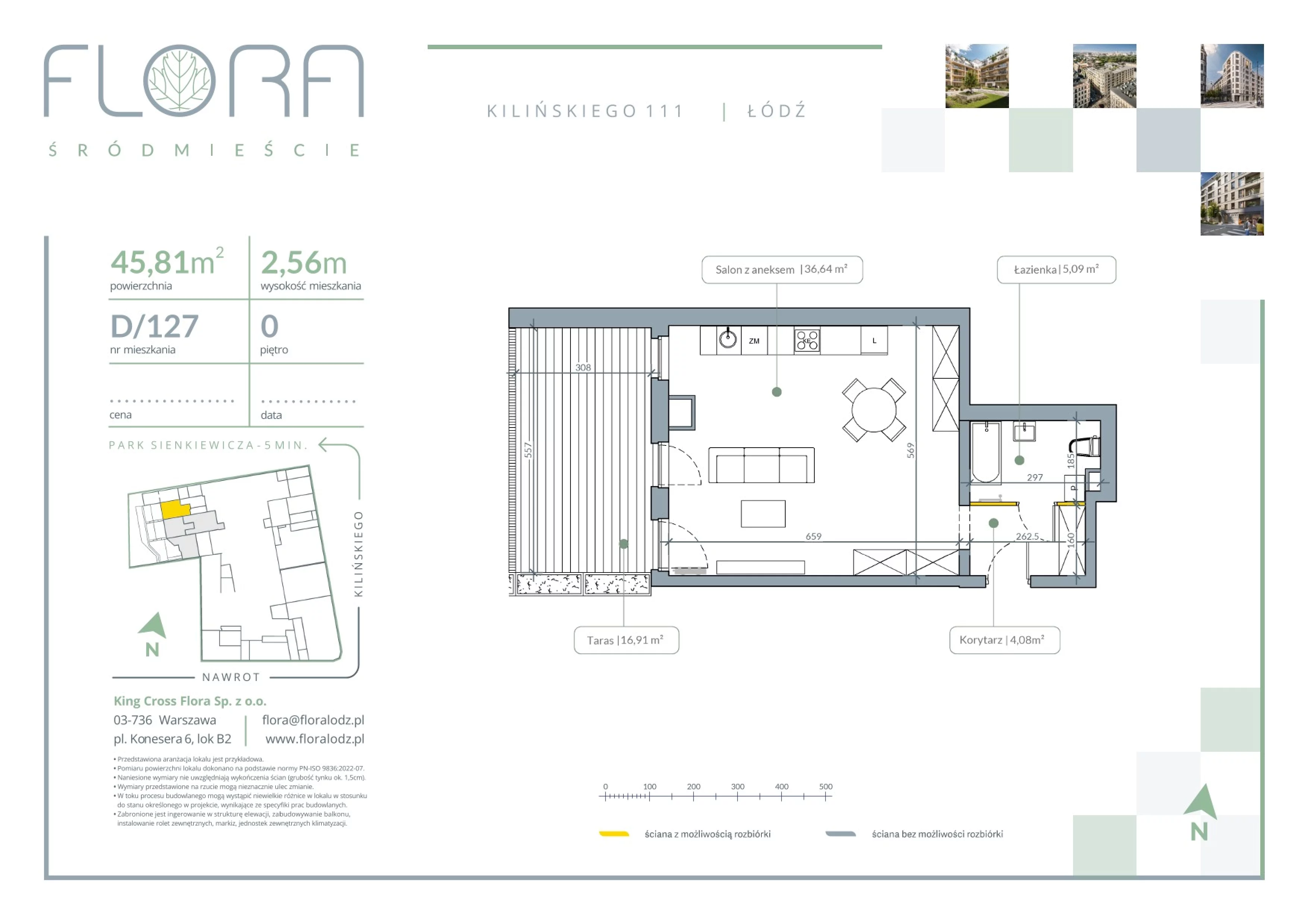 2 pokoje, mieszkanie 45,81 m², parter, oferta nr 127, Flora Śródmieście, Łódź, Śródmieście, ul. płk. Jana Kilińskiego 111