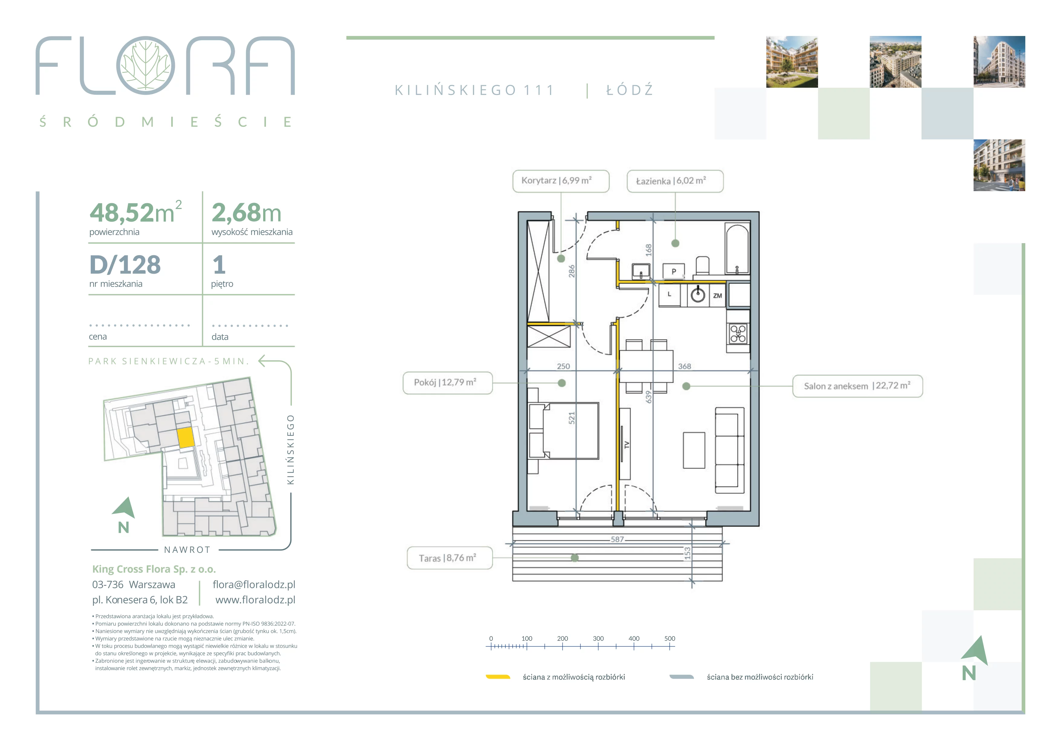 2 pokoje, mieszkanie 48,52 m², piętro 1, oferta nr 128, Flora Śródmieście, Łódź, Śródmieście, ul. płk. Jana Kilińskiego 111