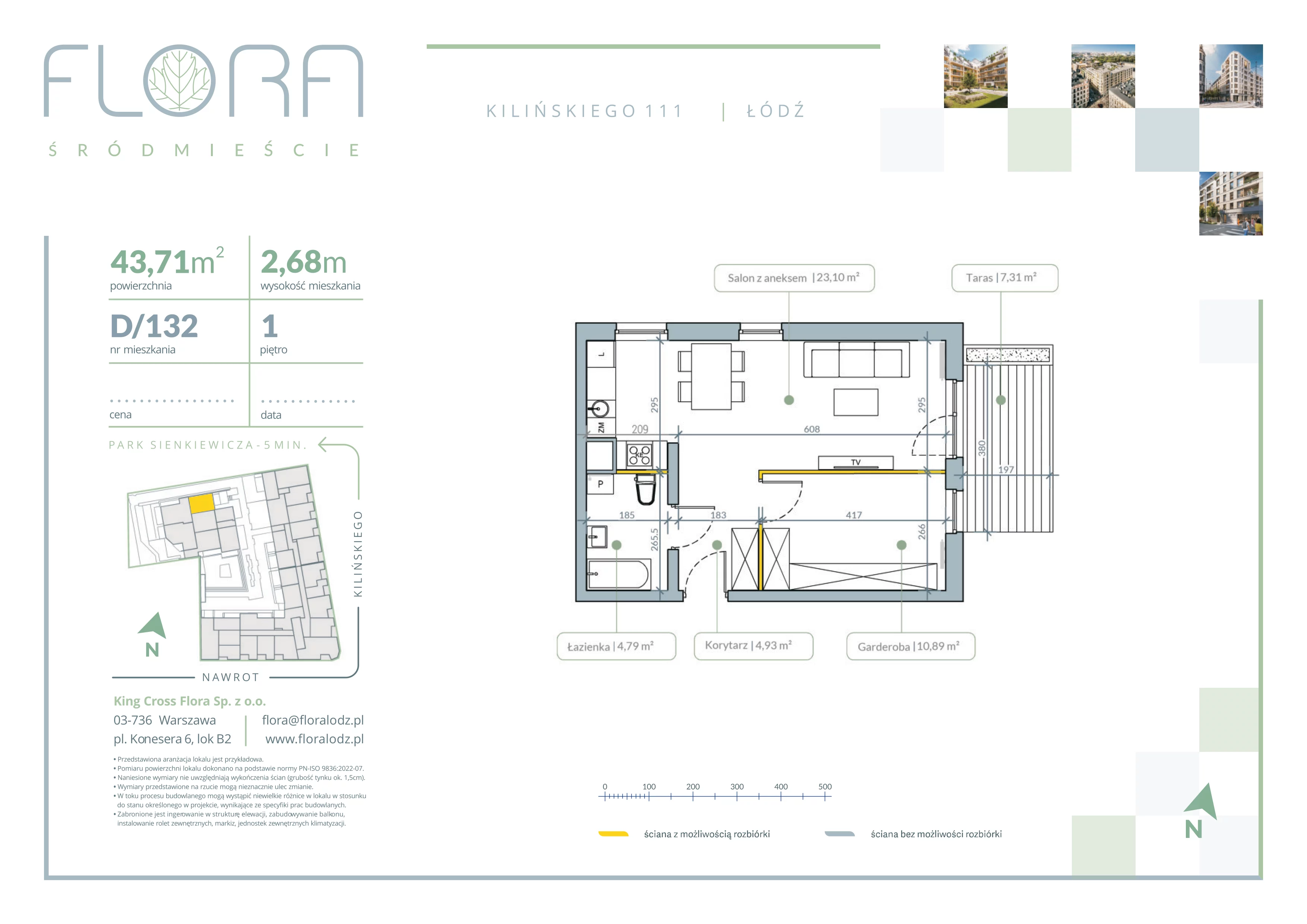 2 pokoje, mieszkanie 43,71 m², piętro 1, oferta nr 132, Flora Śródmieście, Łódź, Śródmieście, ul. płk. Jana Kilińskiego 111