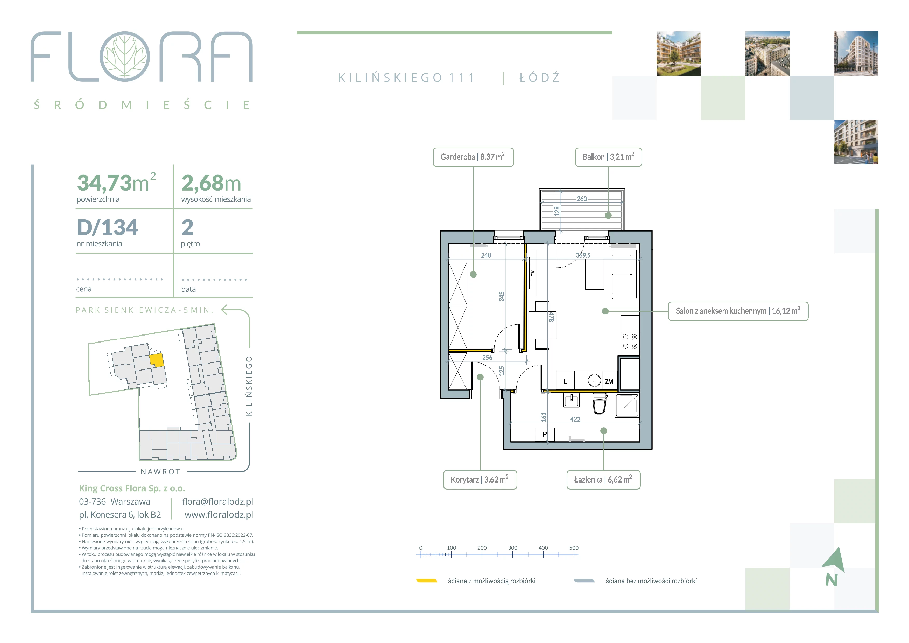2 pokoje, mieszkanie 34,73 m², piętro 2, oferta nr 134, Flora Śródmieście, Łódź, Śródmieście, ul. płk. Jana Kilińskiego 111