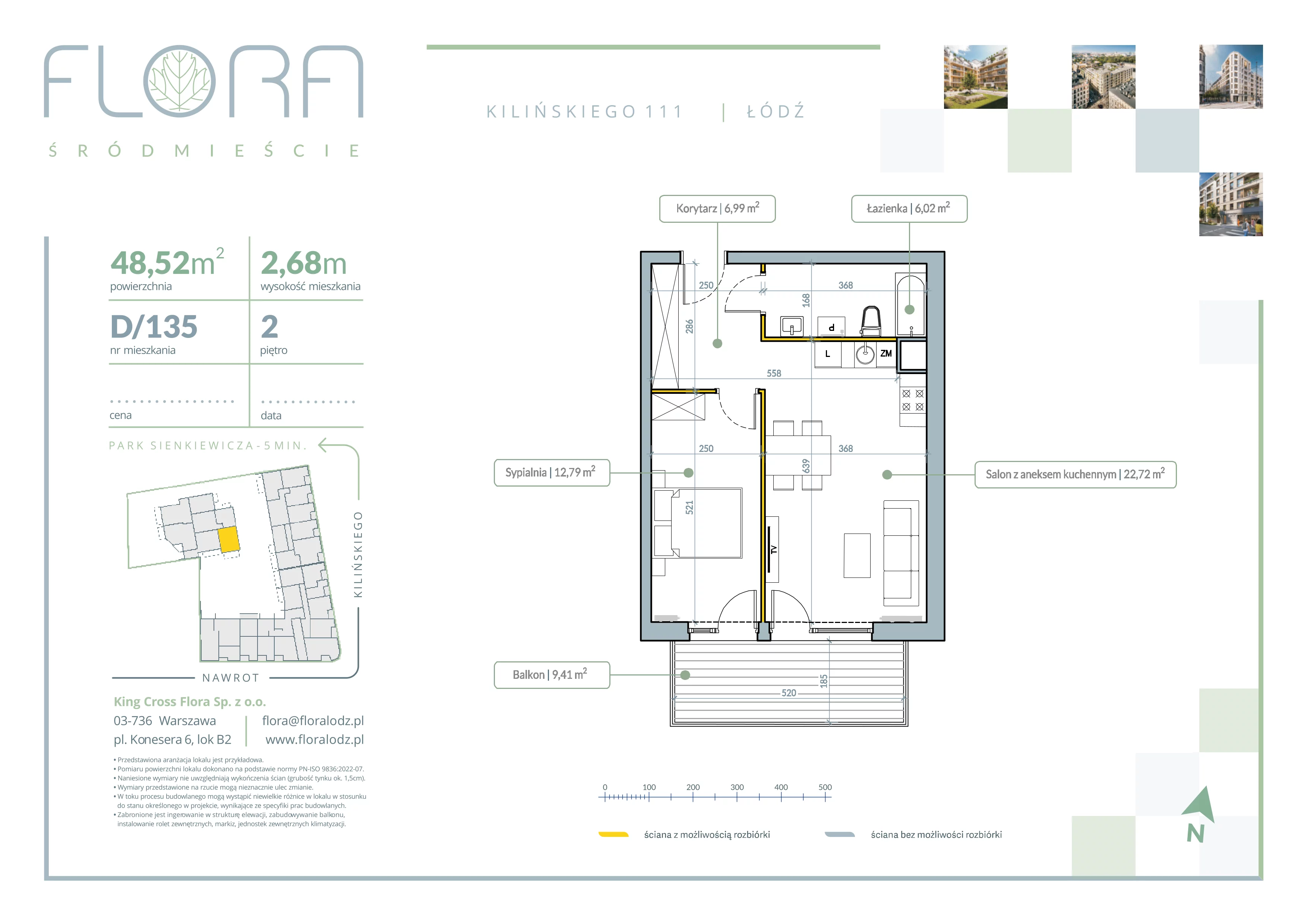 2 pokoje, mieszkanie 48,52 m², piętro 2, oferta nr 135, Flora Śródmieście, Łódź, Śródmieście, ul. płk. Jana Kilińskiego 111