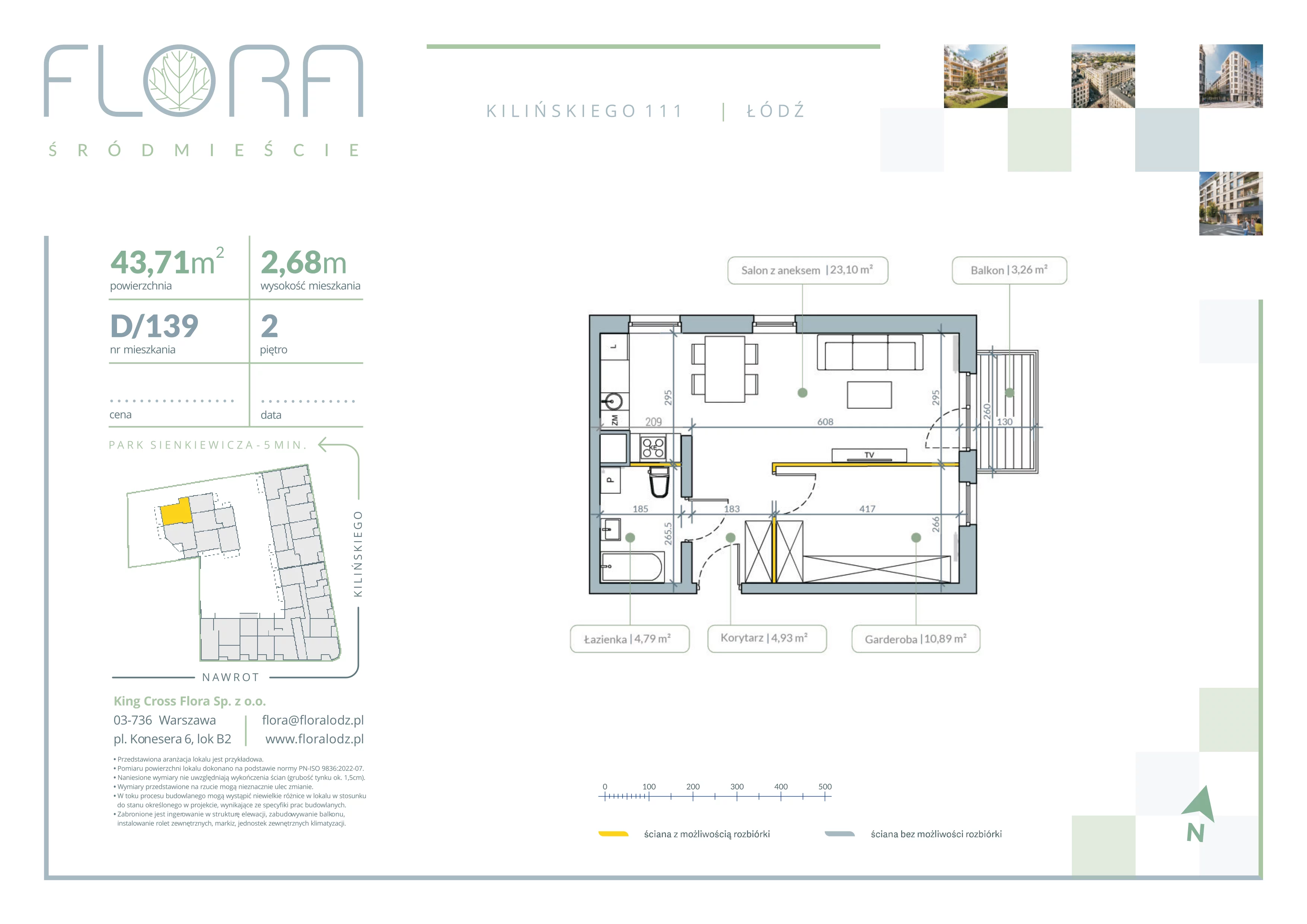 2 pokoje, mieszkanie 43,71 m², piętro 2, oferta nr 139, Flora Śródmieście, Łódź, Śródmieście, ul. płk. Jana Kilińskiego 111