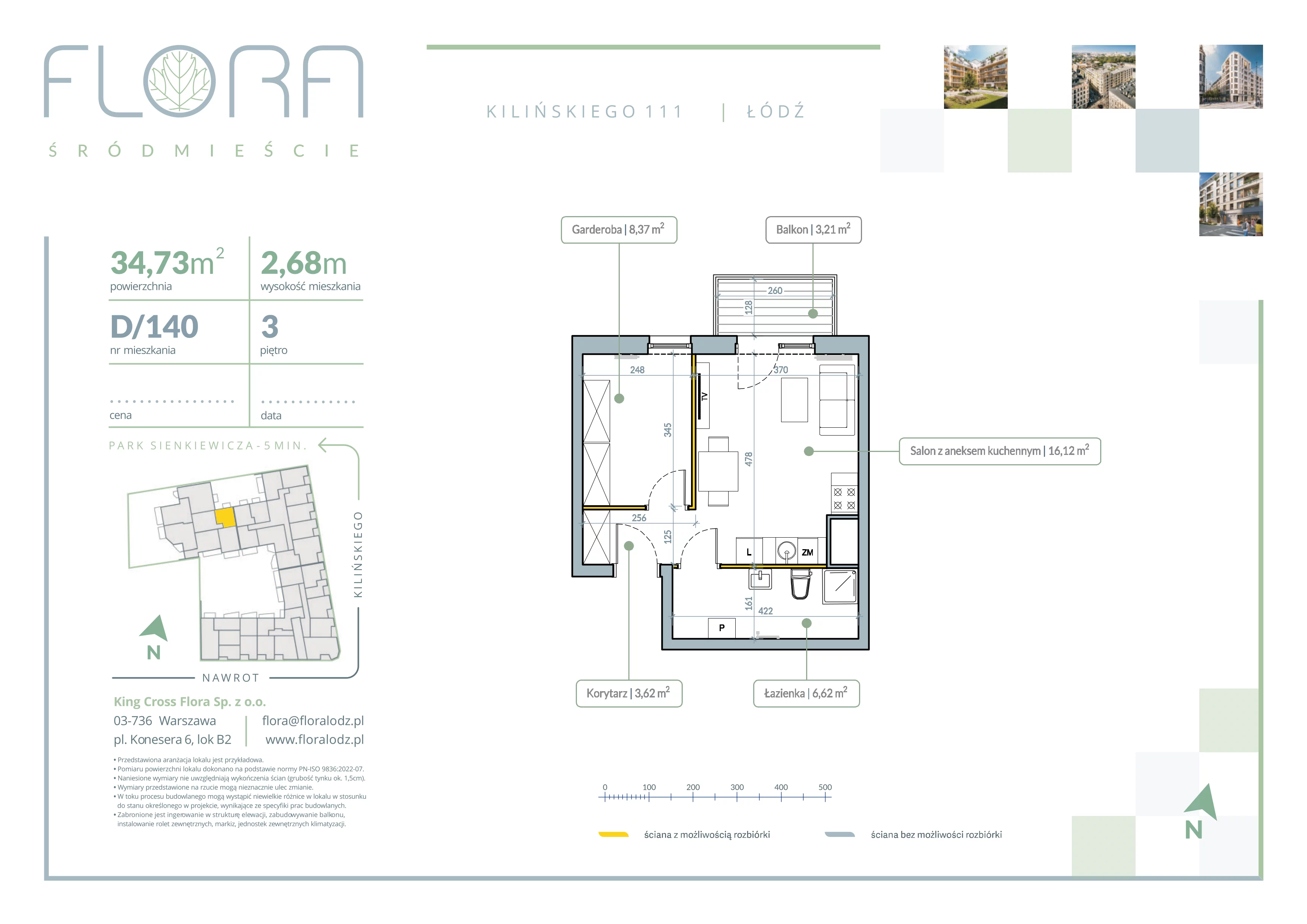 2 pokoje, mieszkanie 34,73 m², piętro 3, oferta nr 140, Flora Śródmieście, Łódź, Śródmieście, ul. płk. Jana Kilińskiego 111