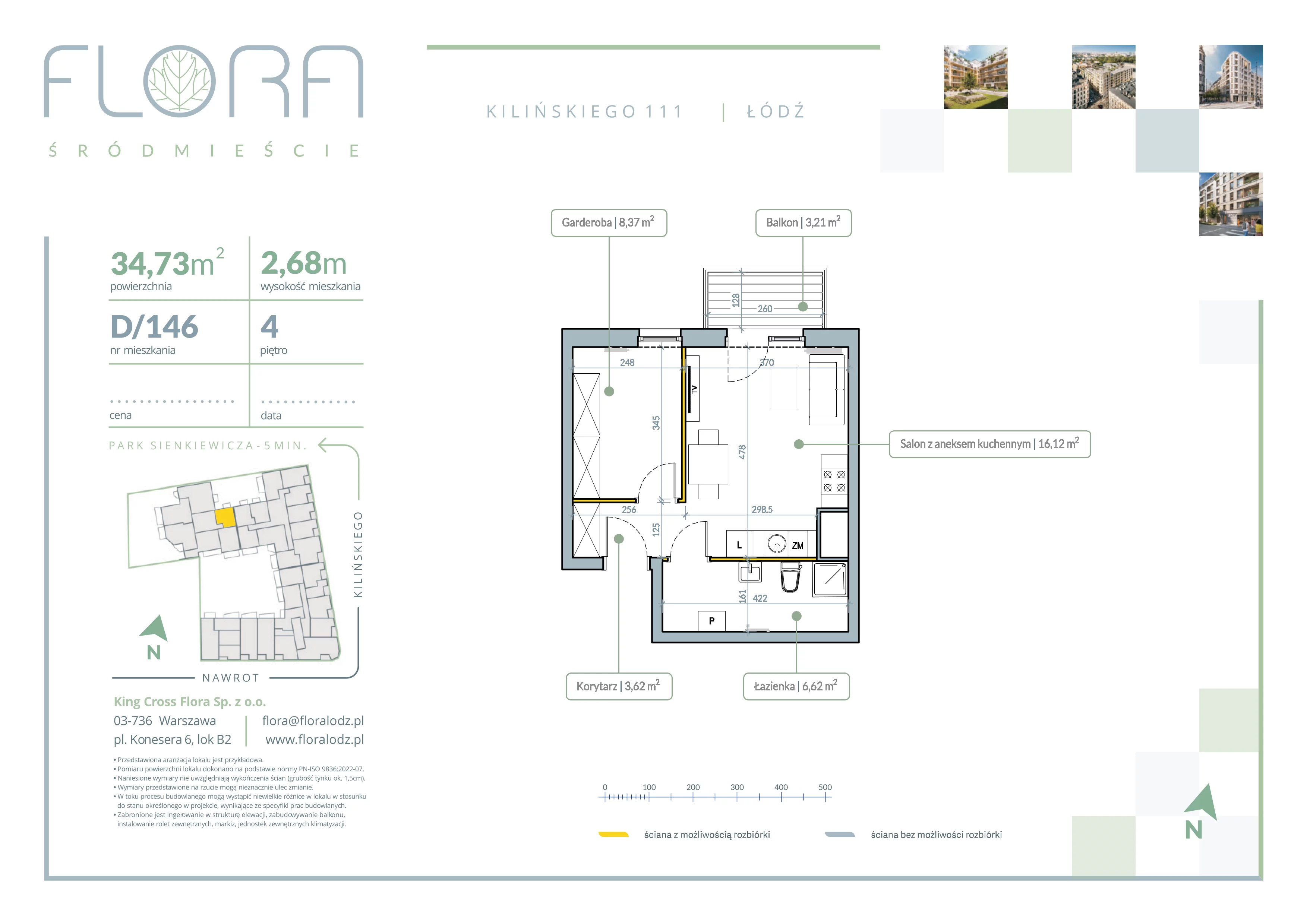 2 pokoje, mieszkanie 34,73 m², piętro 4, oferta nr 146, Flora Śródmieście, Łódź, Śródmieście, ul. płk. Jana Kilińskiego 111