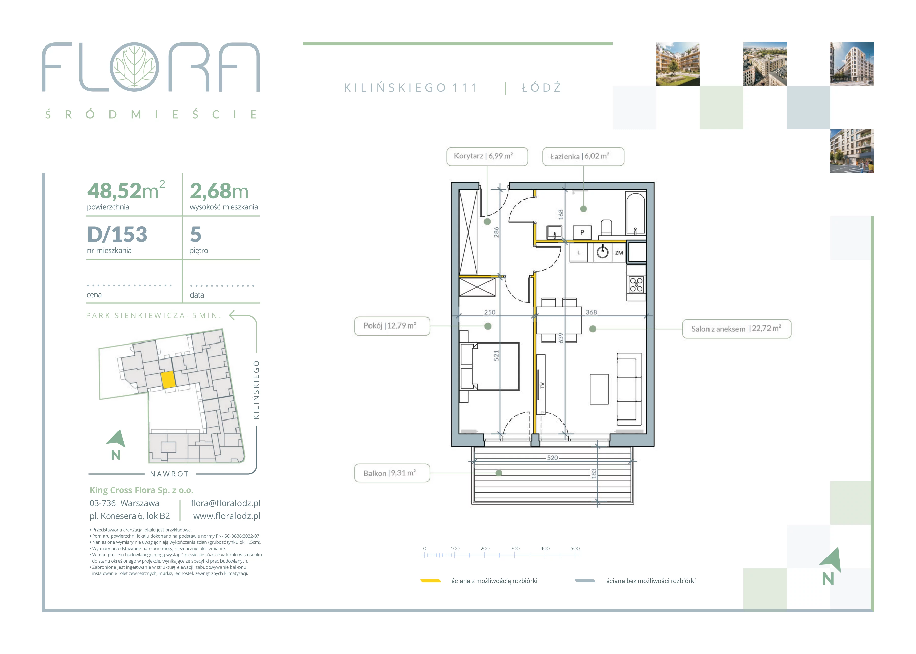 2 pokoje, mieszkanie 48,52 m², piętro 5, oferta nr 153, Flora Śródmieście, Łódź, Śródmieście, ul. płk. Jana Kilińskiego 111