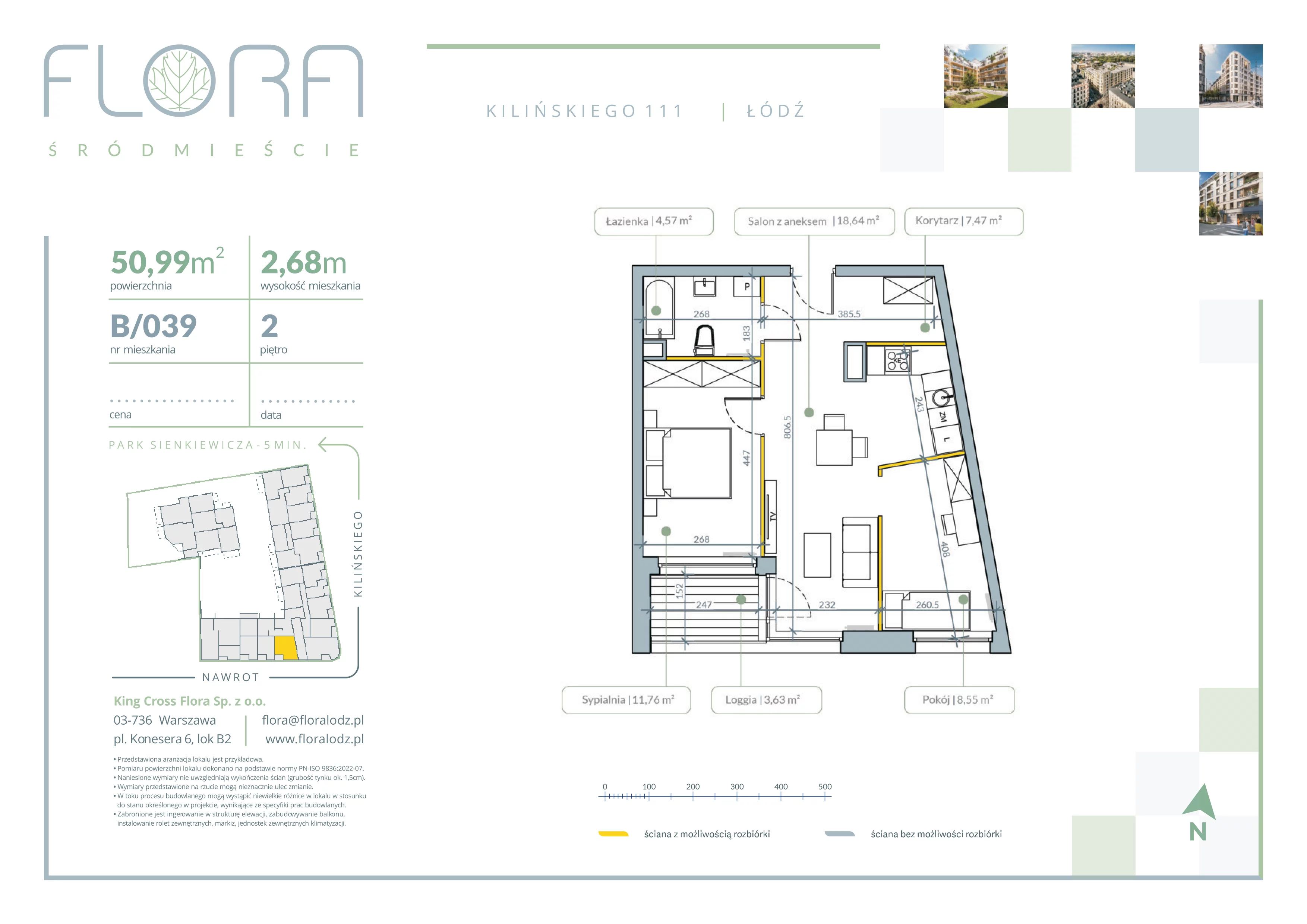 3 pokoje, mieszkanie 50,99 m², piętro 2, oferta nr 39, Flora Śródmieście, Łódź, Śródmieście, ul. płk. Jana Kilińskiego 111