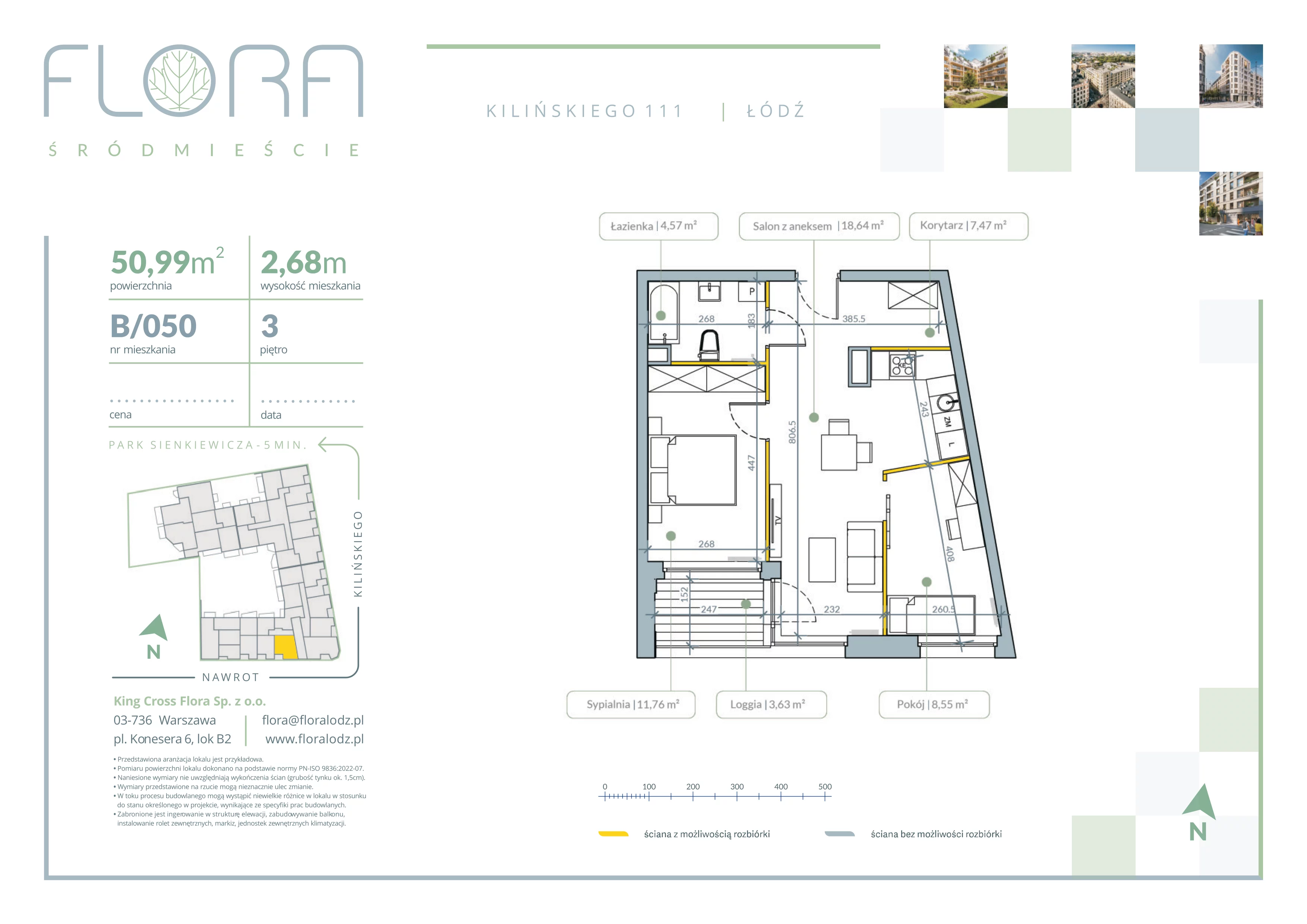 3 pokoje, mieszkanie 50,99 m², piętro 3, oferta nr 50, Flora Śródmieście, Łódź, Śródmieście, ul. płk. Jana Kilińskiego 111