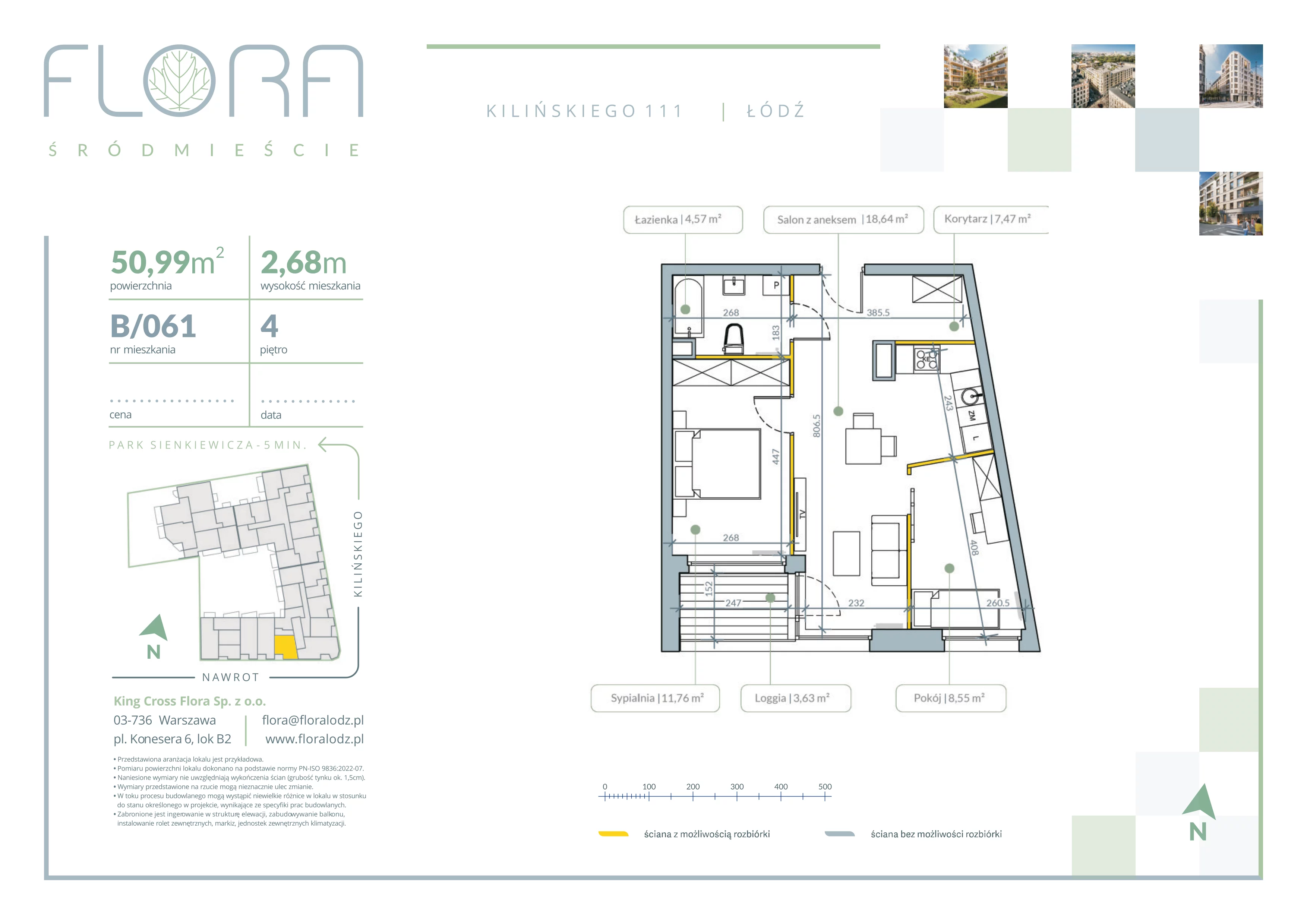 3 pokoje, mieszkanie 50,99 m², piętro 4, oferta nr 61, Flora Śródmieście, Łódź, Śródmieście, ul. płk. Jana Kilińskiego 111
