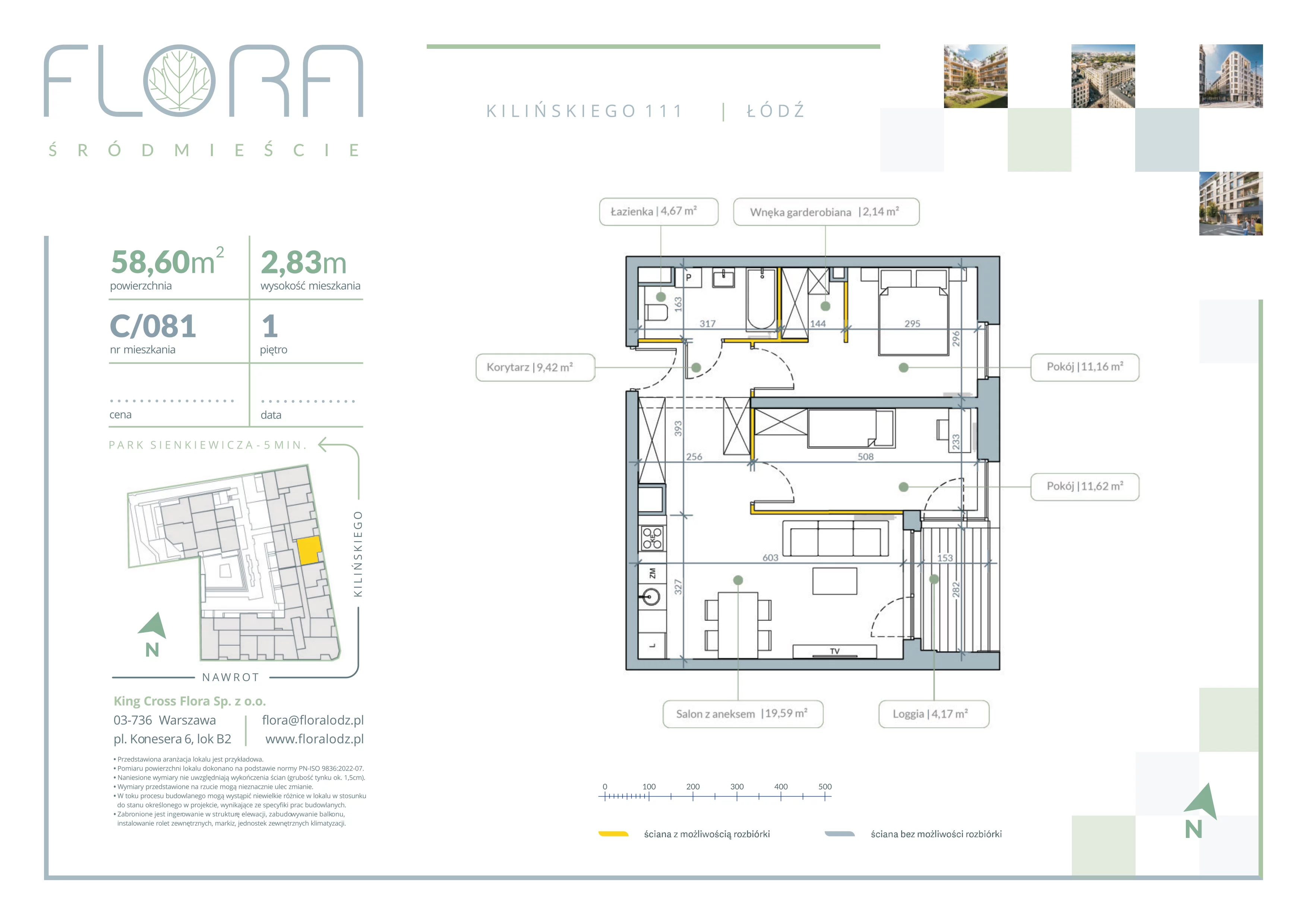 3 pokoje, mieszkanie 58,60 m², piętro 1, oferta nr 81, Flora Śródmieście, Łódź, Śródmieście, ul. płk. Jana Kilińskiego 111