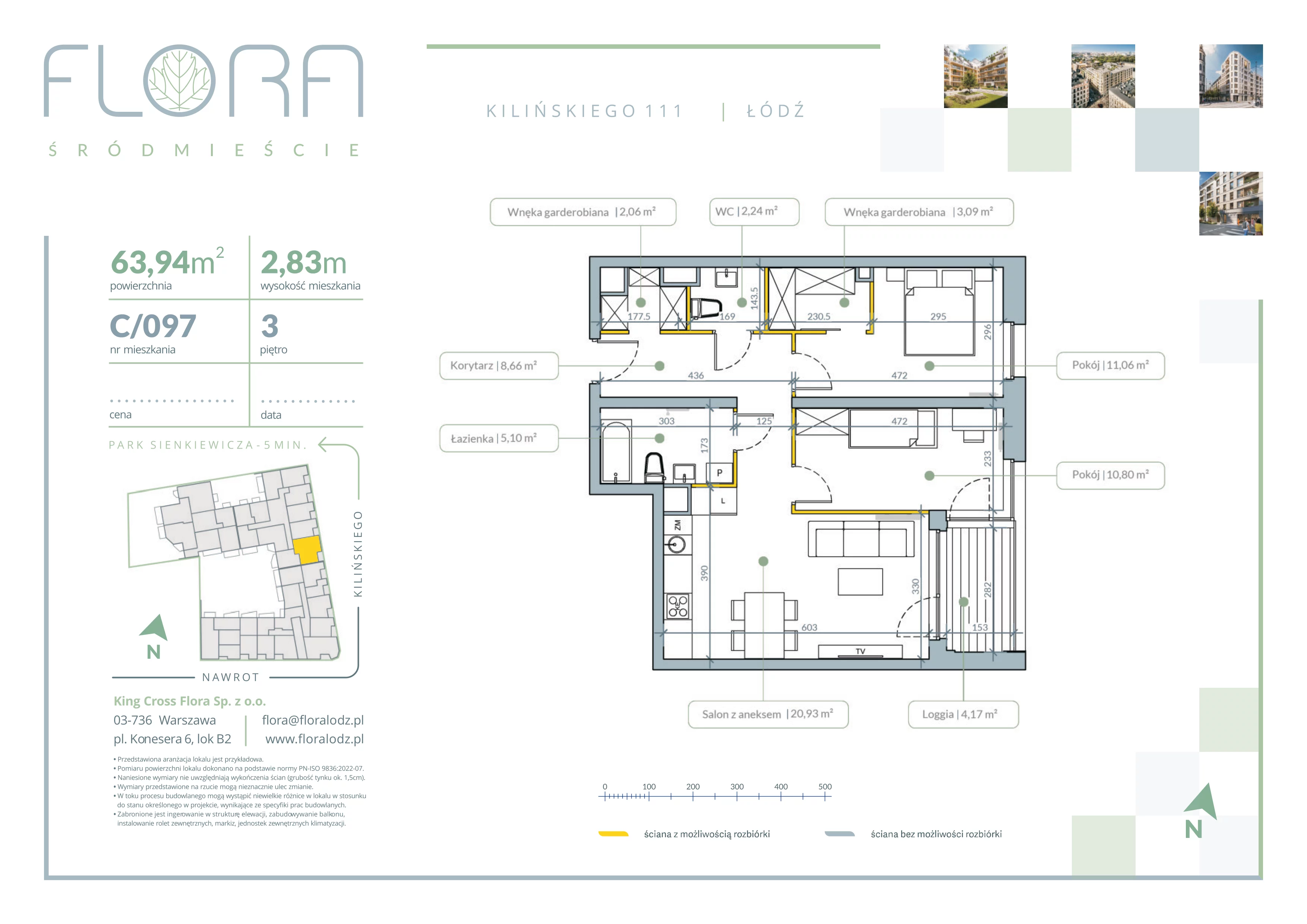 3 pokoje, mieszkanie 63,94 m², piętro 3, oferta nr 97, Flora Śródmieście, Łódź, Śródmieście, ul. płk. Jana Kilińskiego 111
