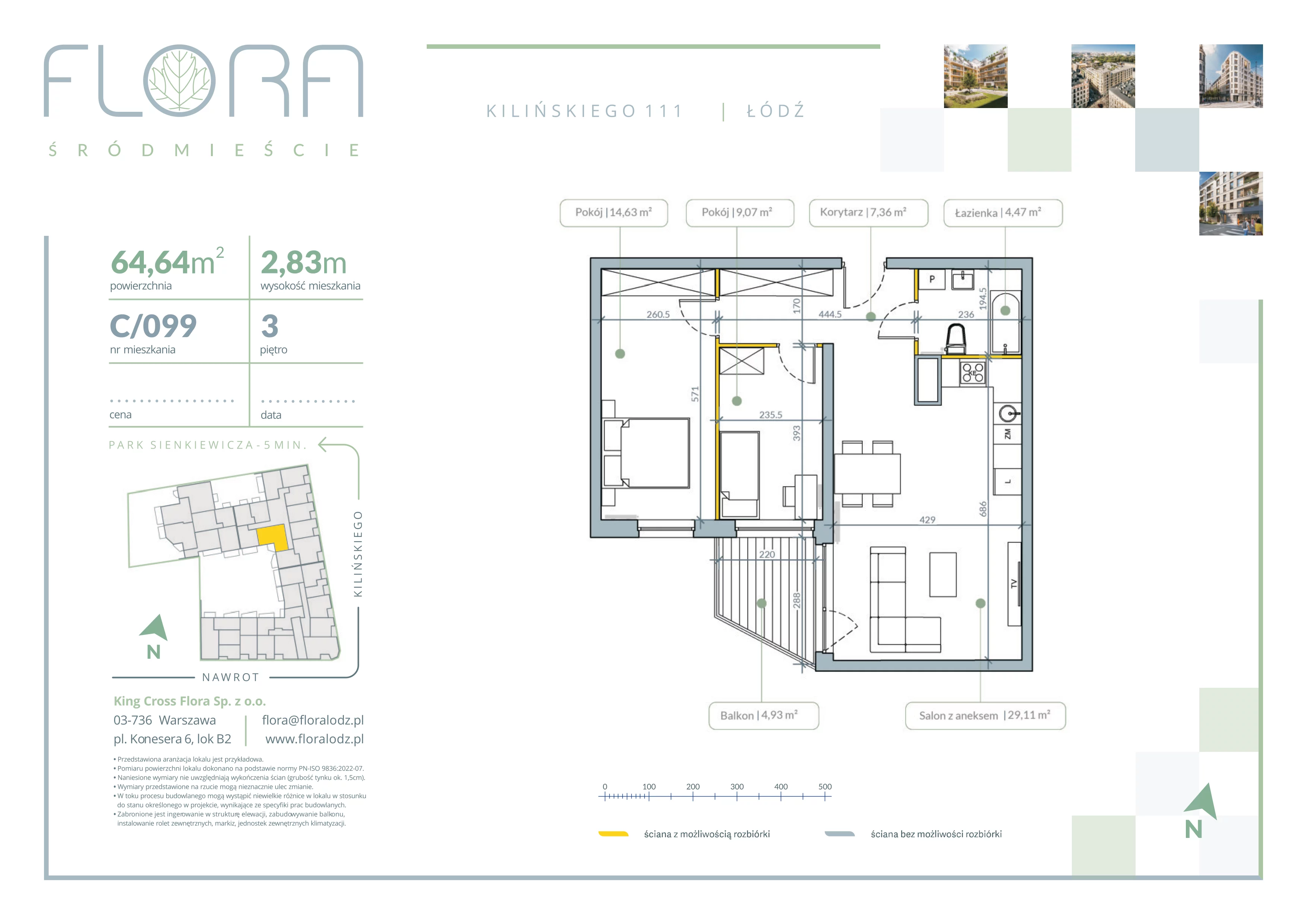 3 pokoje, mieszkanie 64,64 m², piętro 3, oferta nr 99, Flora Śródmieście, Łódź, Śródmieście, ul. płk. Jana Kilińskiego 111