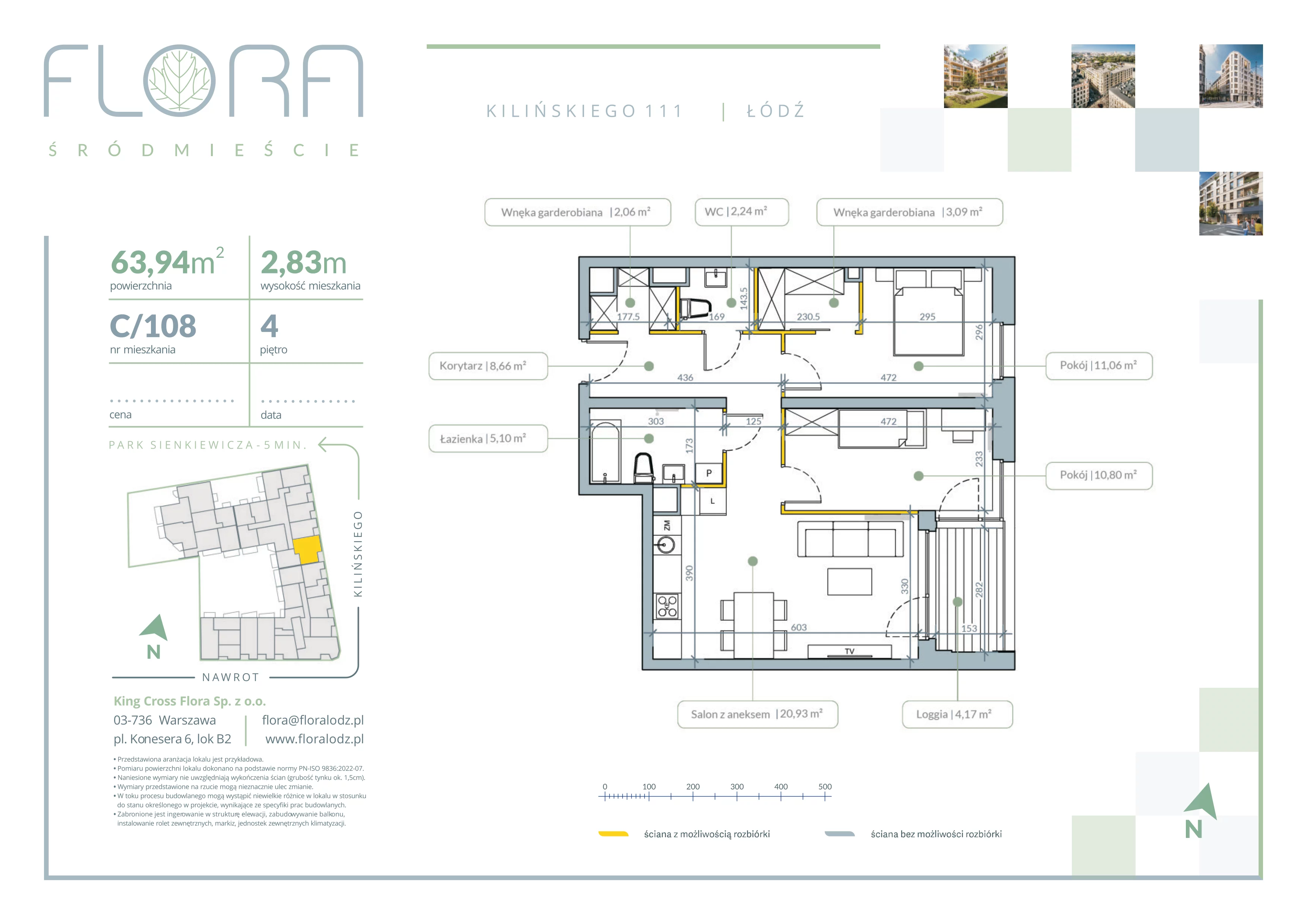 3 pokoje, mieszkanie 63,94 m², piętro 4, oferta nr 108, Flora Śródmieście, Łódź, Śródmieście, ul. płk. Jana Kilińskiego 111