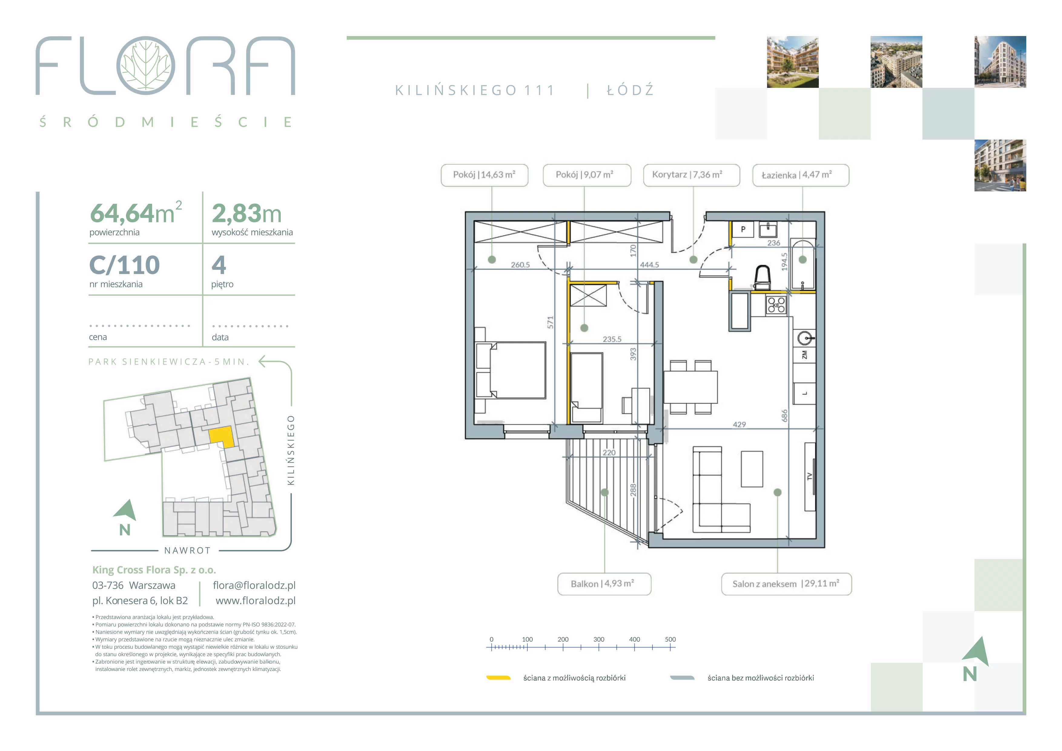 3 pokoje, mieszkanie 64,64 m², piętro 4, oferta nr 110, Flora Śródmieście, Łódź, Śródmieście, ul. płk. Jana Kilińskiego 111