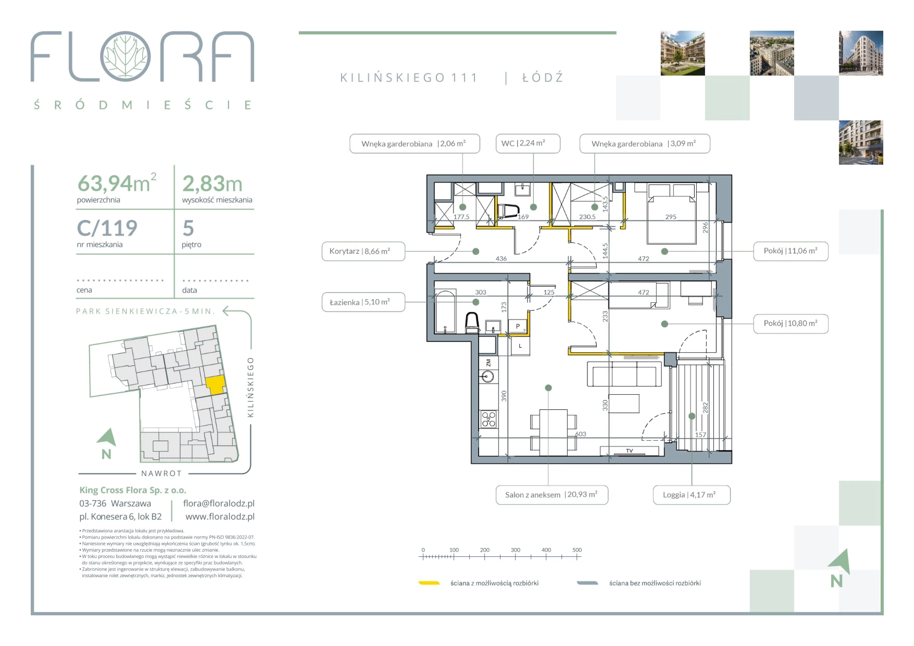 3 pokoje, mieszkanie 63,94 m², piętro 5, oferta nr 119, Flora Śródmieście, Łódź, Śródmieście, ul. płk. Jana Kilińskiego 111