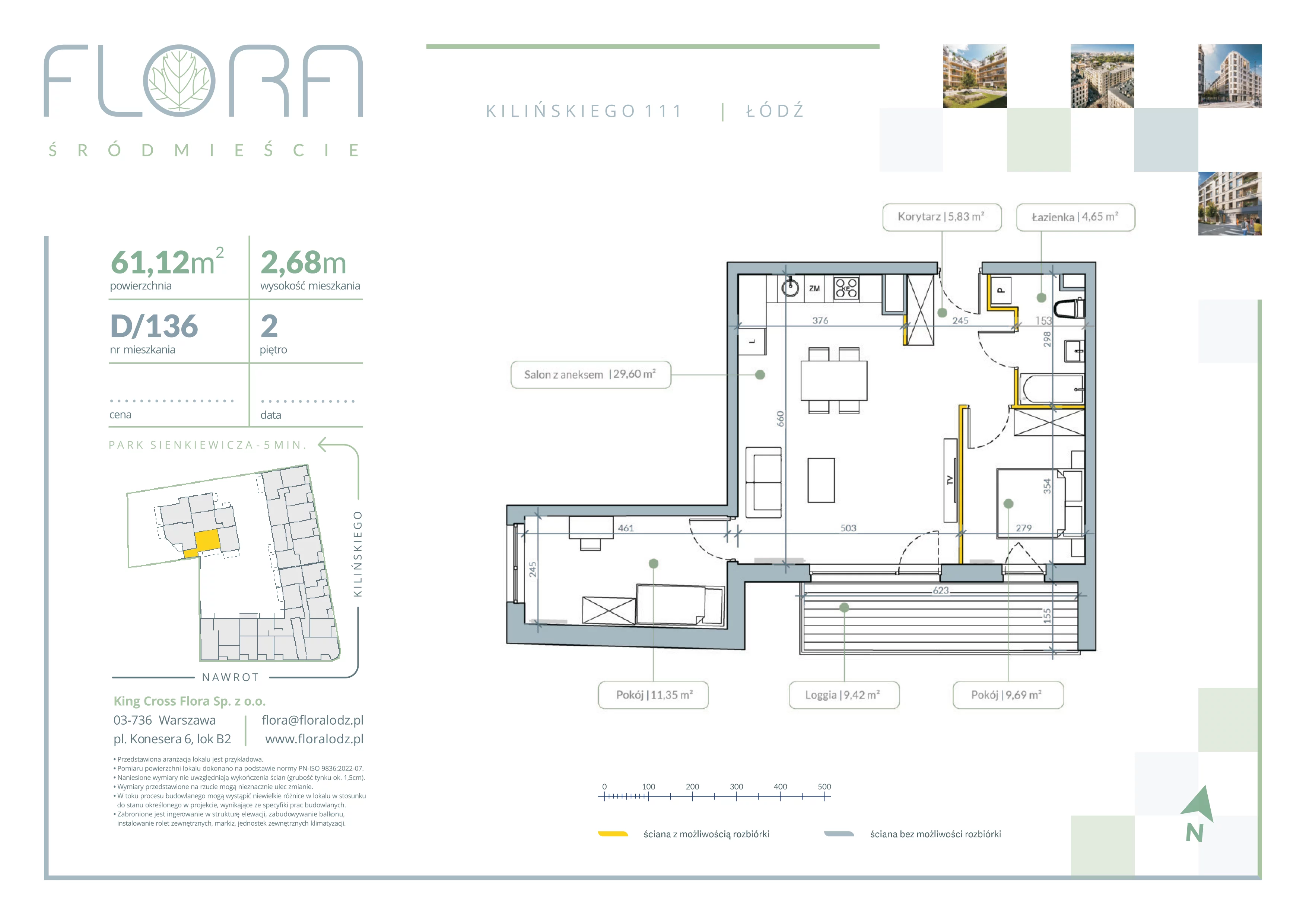 3 pokoje, mieszkanie 61,12 m², piętro 2, oferta nr 136, Flora Śródmieście, Łódź, Śródmieście, ul. płk. Jana Kilińskiego 111